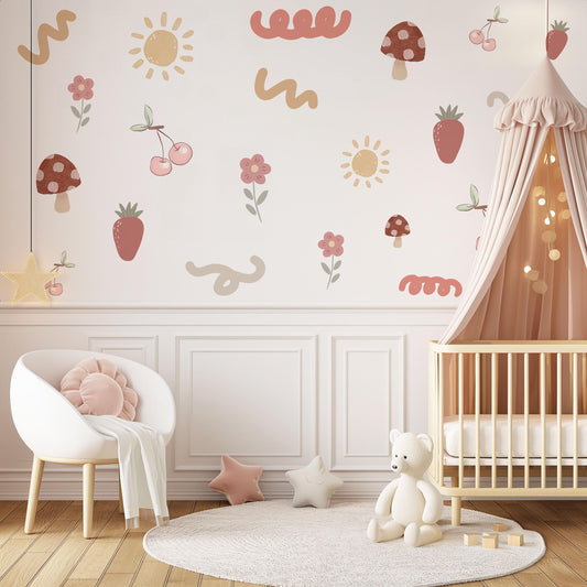 Boho Fruit Wall Stickers Strawberry Cherry Nursery Decals Mushroom Flower Wall Decor Cottagecore Nursery Decor, Peel And Stick Wall Stickers