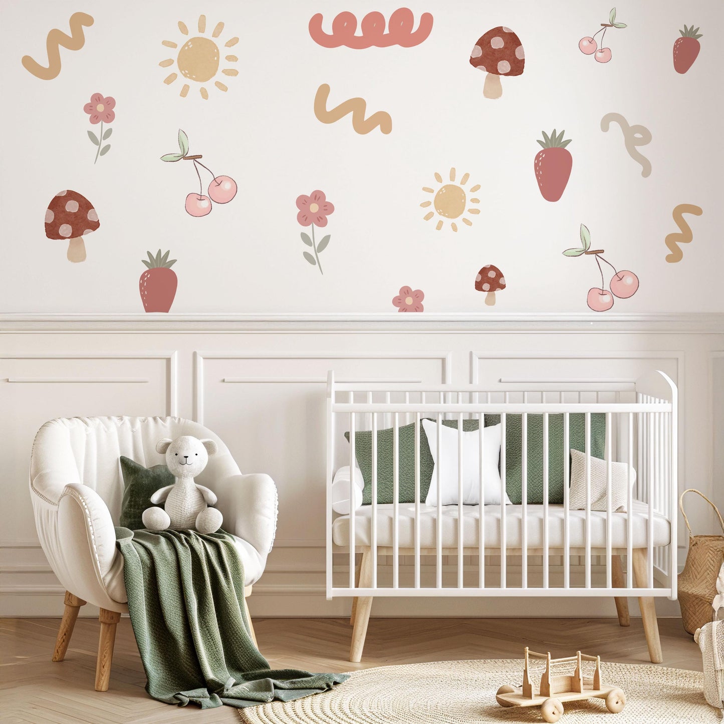 Boho Fruit Wall Stickers Strawberry Cherry Nursery Decals Mushroom Flower Wall Decor Cottagecore Nursery Decor, Peel And Stick Wall Stickers