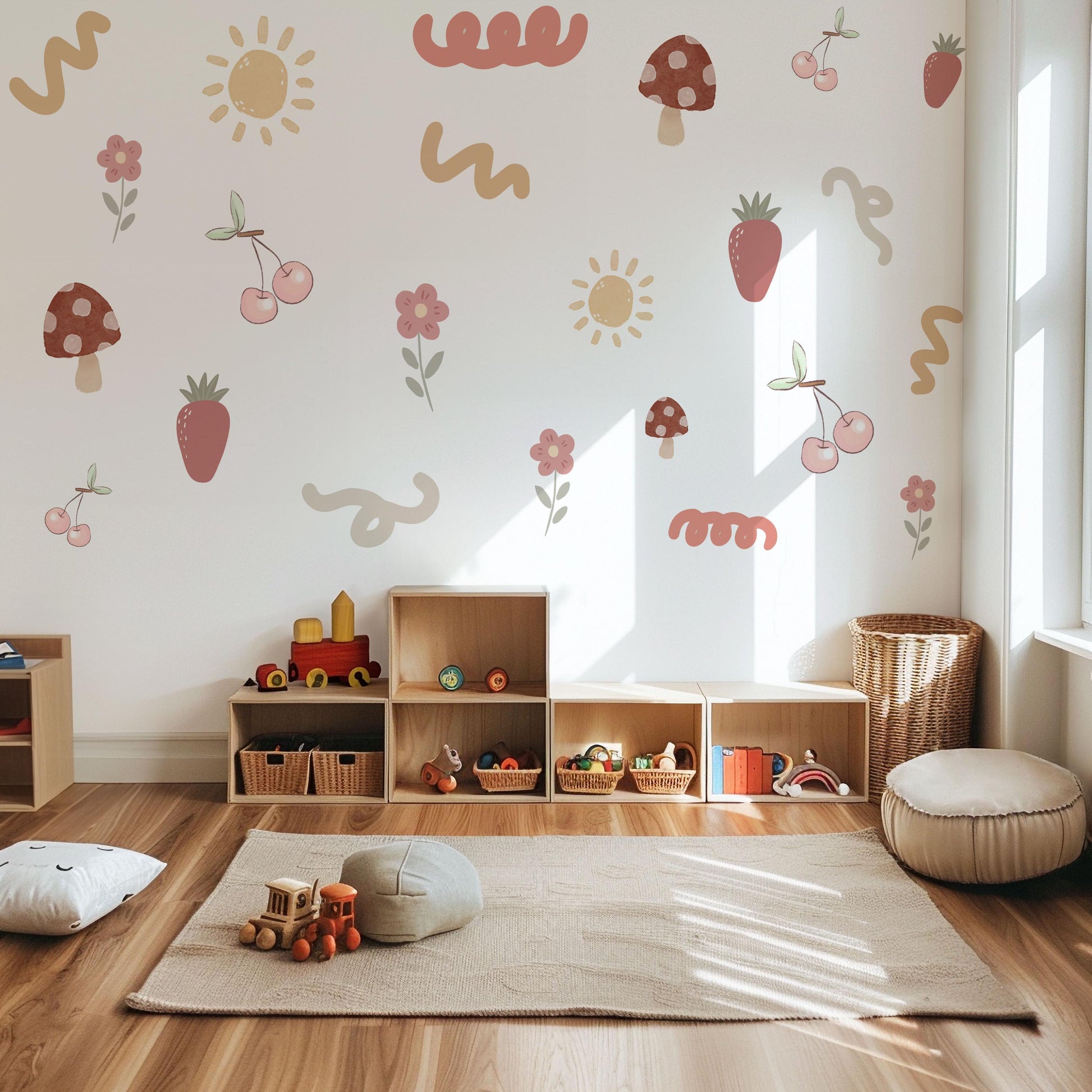 Boho Fruit Wall Stickers Strawberry Cherry Nursery Decals Mushroom Flower Wall Decor Cottagecore Nursery Decor, Peel And Stick Wall Stickers