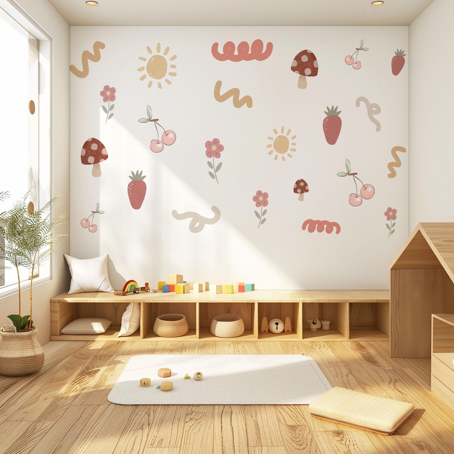 Boho Fruit Wall Stickers Strawberry Cherry Nursery Decals Mushroom Flower Wall Decor Cottagecore Nursery Decor, Peel And Stick Wall Stickers