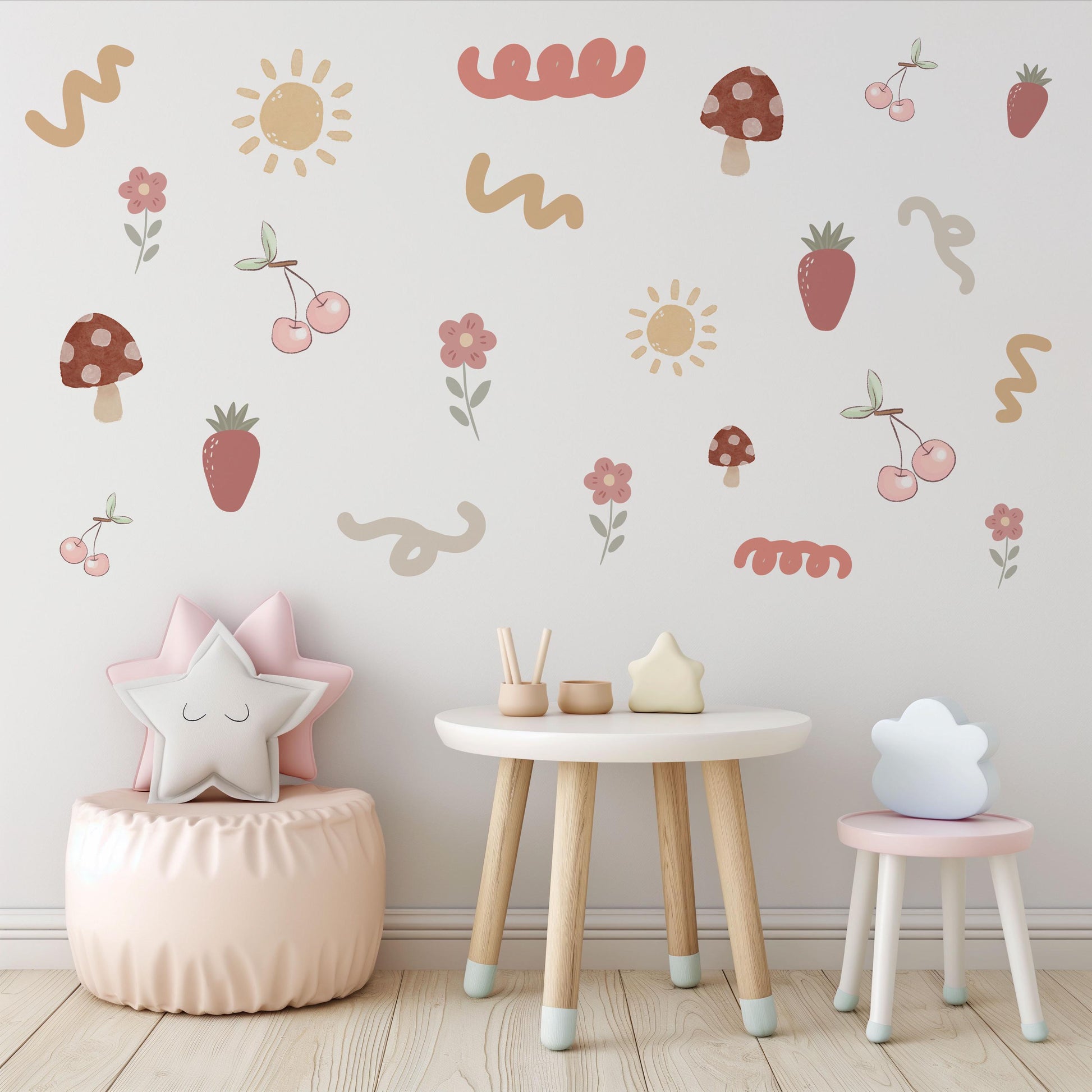 Boho Fruit Wall Stickers Strawberry Cherry Nursery Decals Mushroom Flower Wall Decor Cottagecore Nursery Decor, Peel And Stick Wall Stickers
