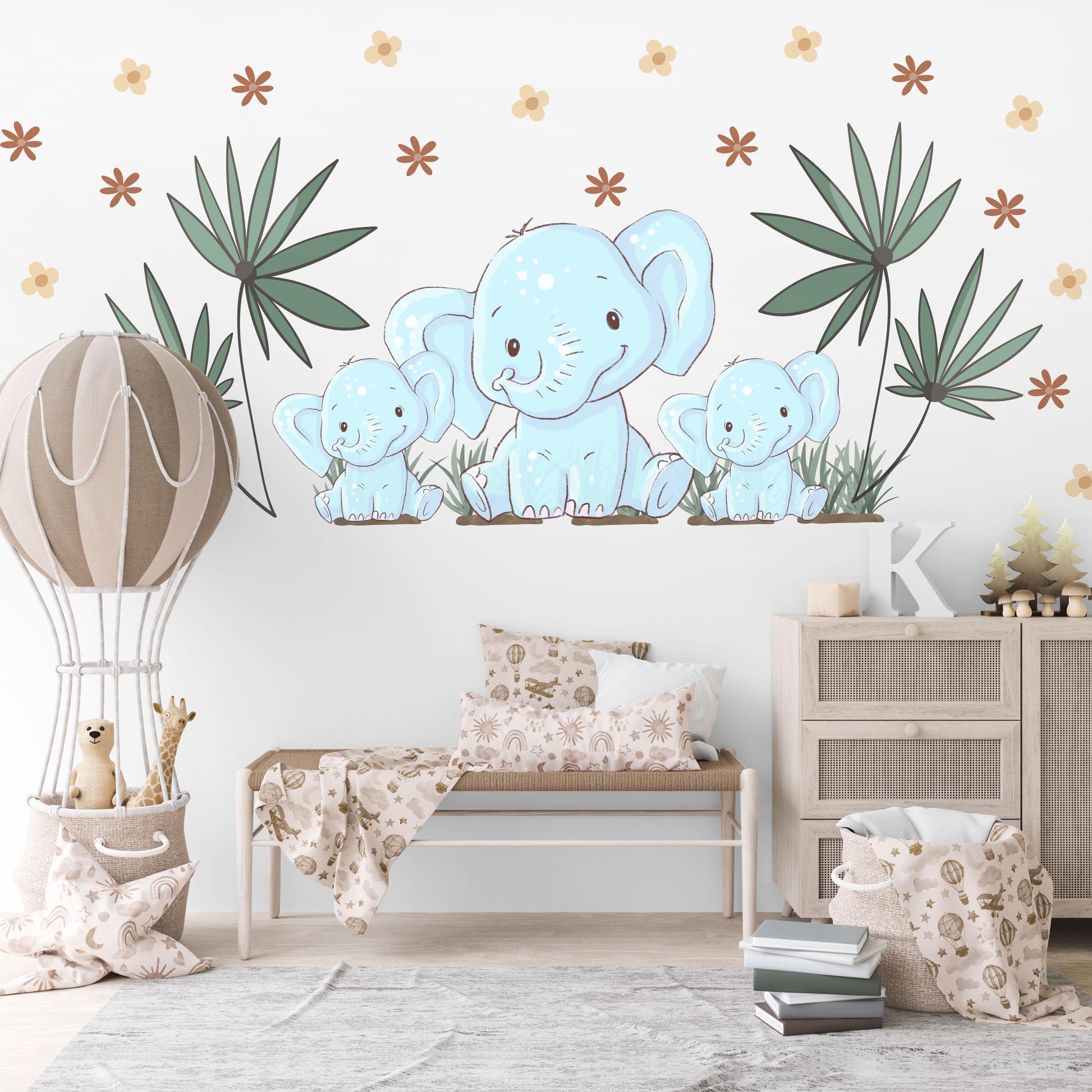 Elephant Nursery Wall Stickers Safari Wall Decals Jungle Nursery Decor Baby Elephant Wall Art, Neutral Nursery Stickers, Playroom Wall Decor
