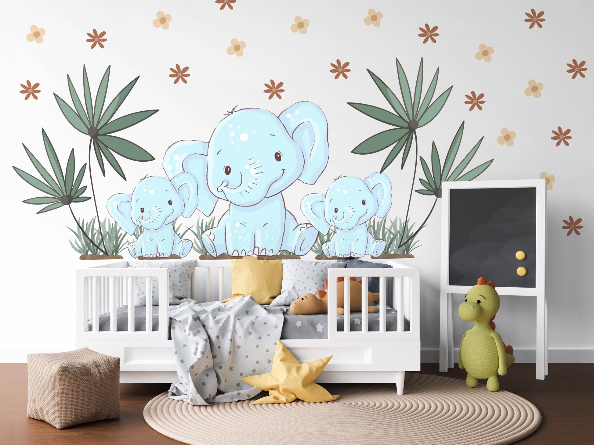 Elephant Nursery Wall Stickers Safari Wall Decals Jungle Nursery Decor Baby Elephant Wall Art, Neutral Nursery Stickers, Playroom Wall Decor
