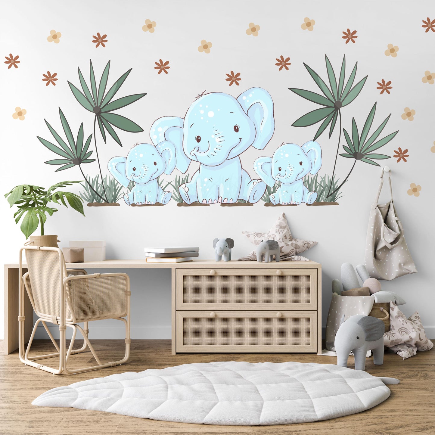 Elephant Nursery Wall Stickers Safari Wall Decals Jungle Nursery Decor Baby Elephant Wall Art, Neutral Nursery Stickers, Playroom Wall Decor