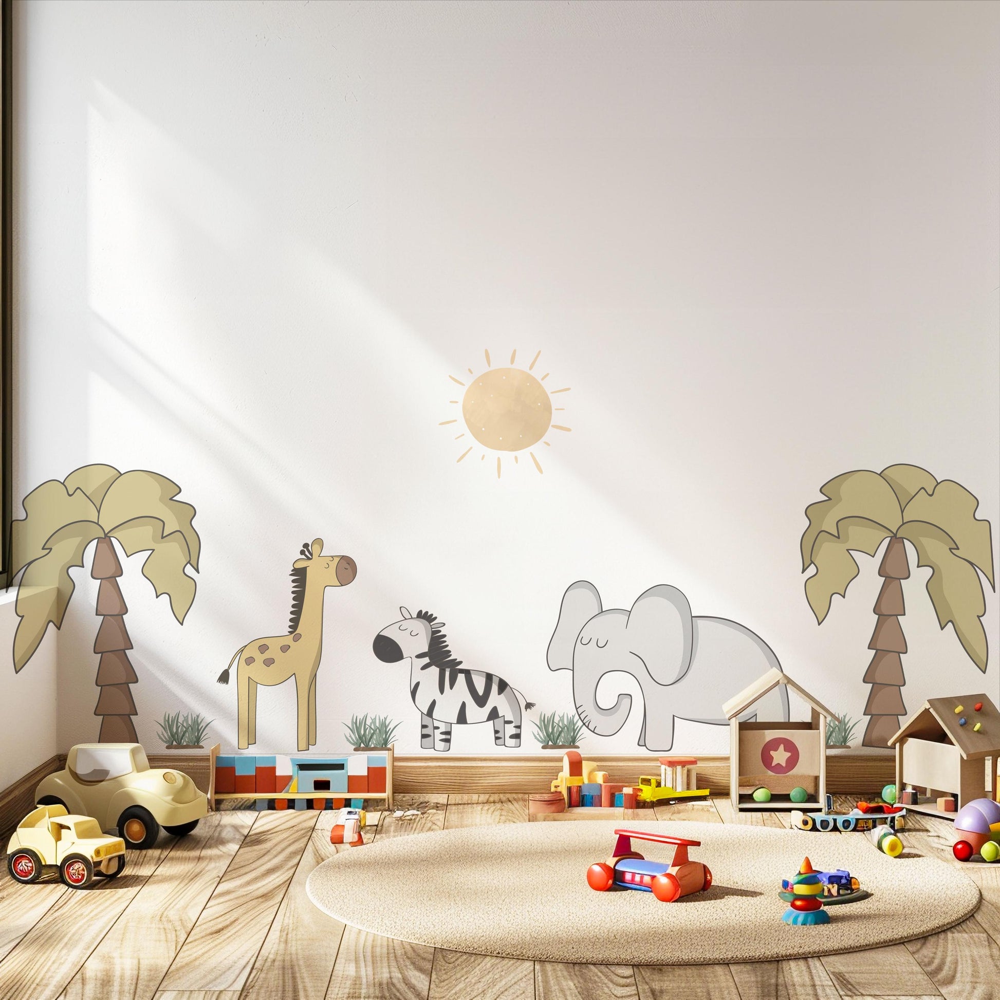 Safari Nursery Wall Stickers Elephant Giraffe Zebra Wall Decals Neutral Jungle Nursery Decor Safari Animal Wall Art, Baby Room Wall Stickers