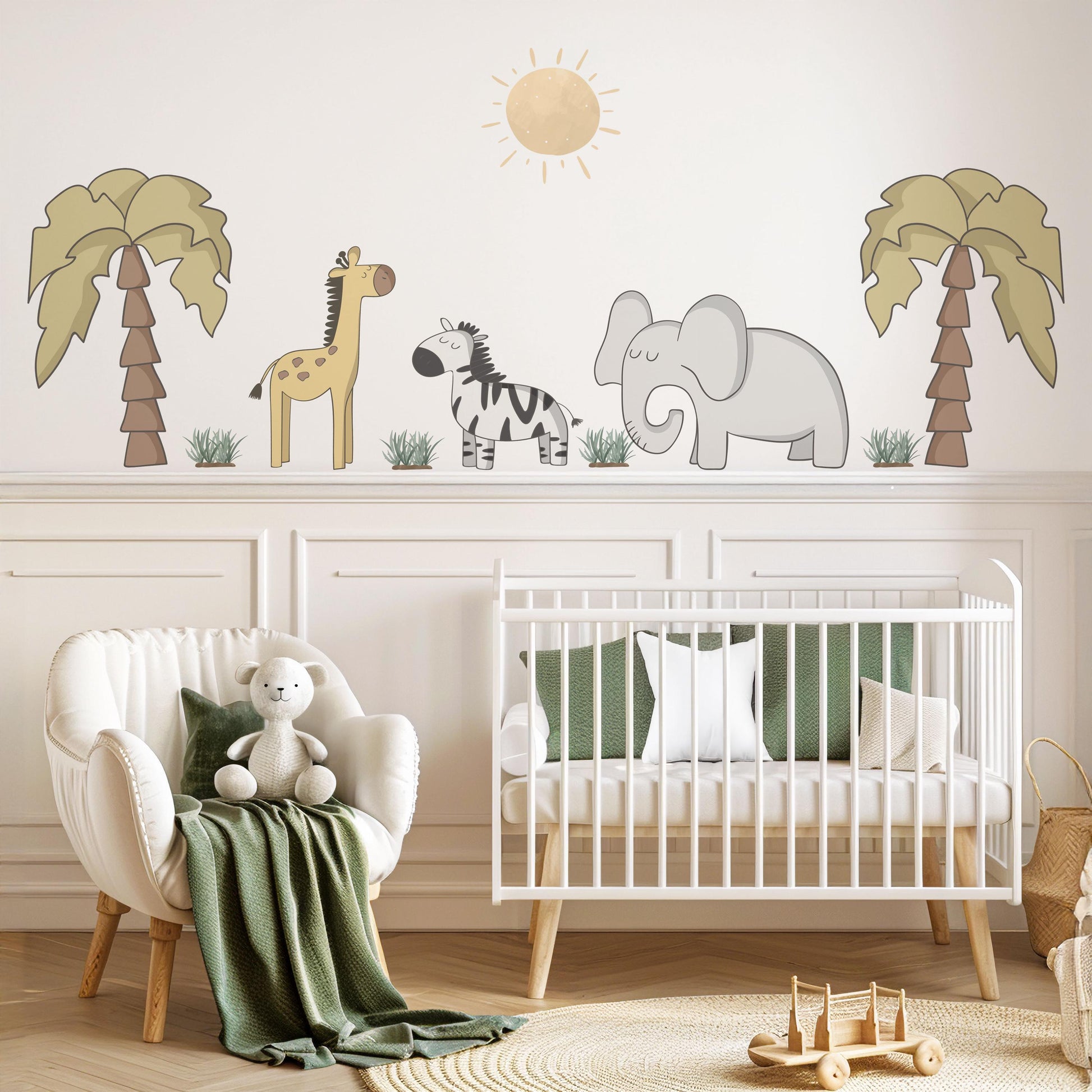 Safari Nursery Wall Stickers Elephant Giraffe Zebra Wall Decals Neutral Jungle Nursery Decor Safari Animal Wall Art, Baby Room Wall Stickers