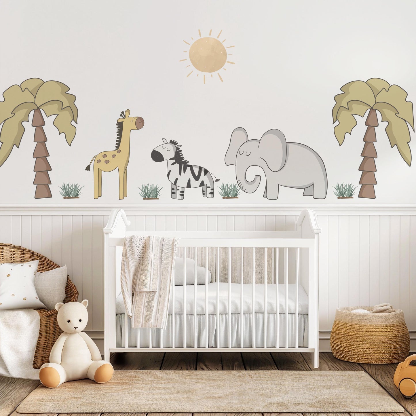 Safari Nursery Wall Stickers Elephant Giraffe Zebra Wall Decals Neutral Jungle Nursery Decor Safari Animal Wall Art, Baby Room Wall Stickers