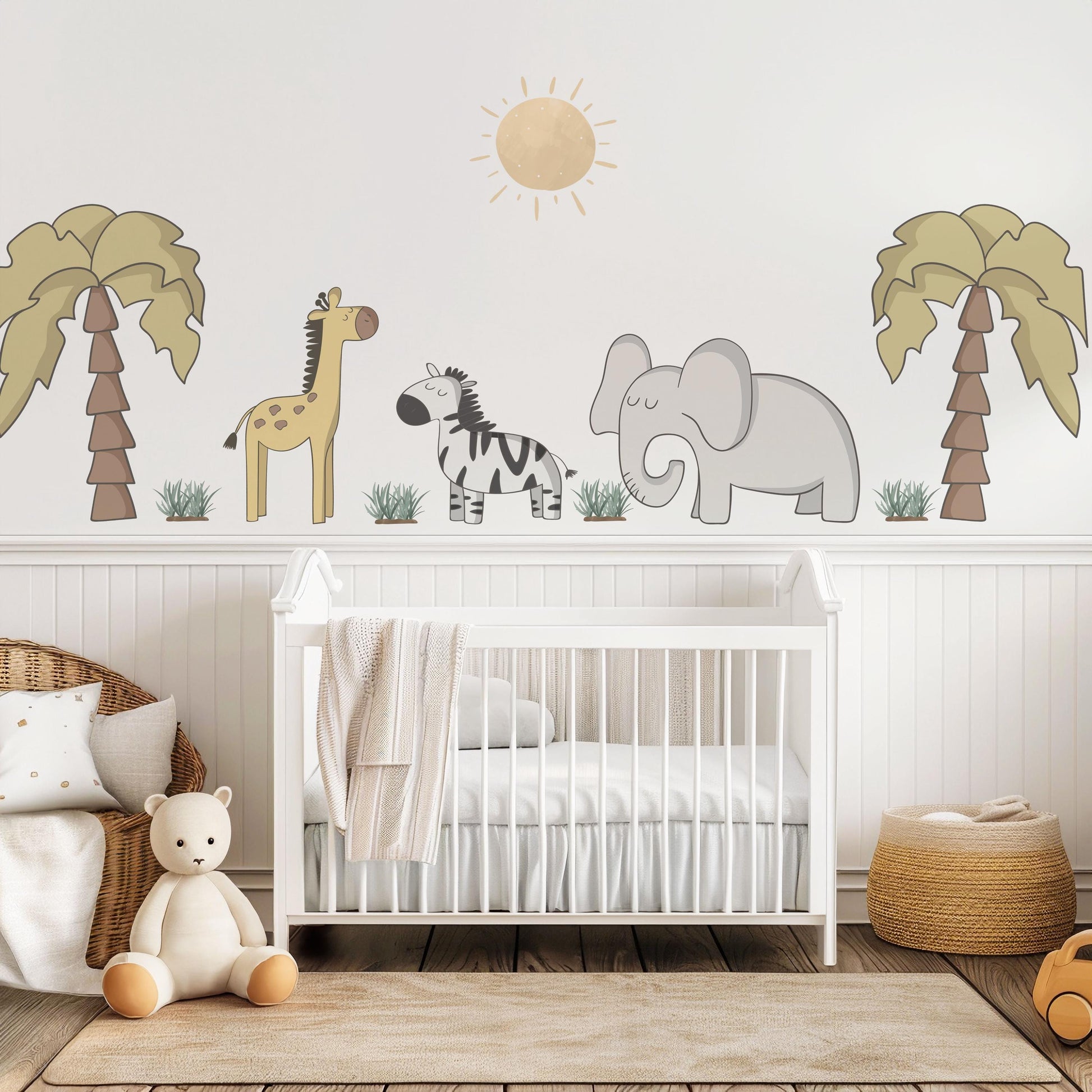 Safari Nursery Wall Stickers Elephant Giraffe Zebra Wall Decals Neutral Jungle Nursery Decor Safari Animal Wall Art, Baby Room Wall Stickers