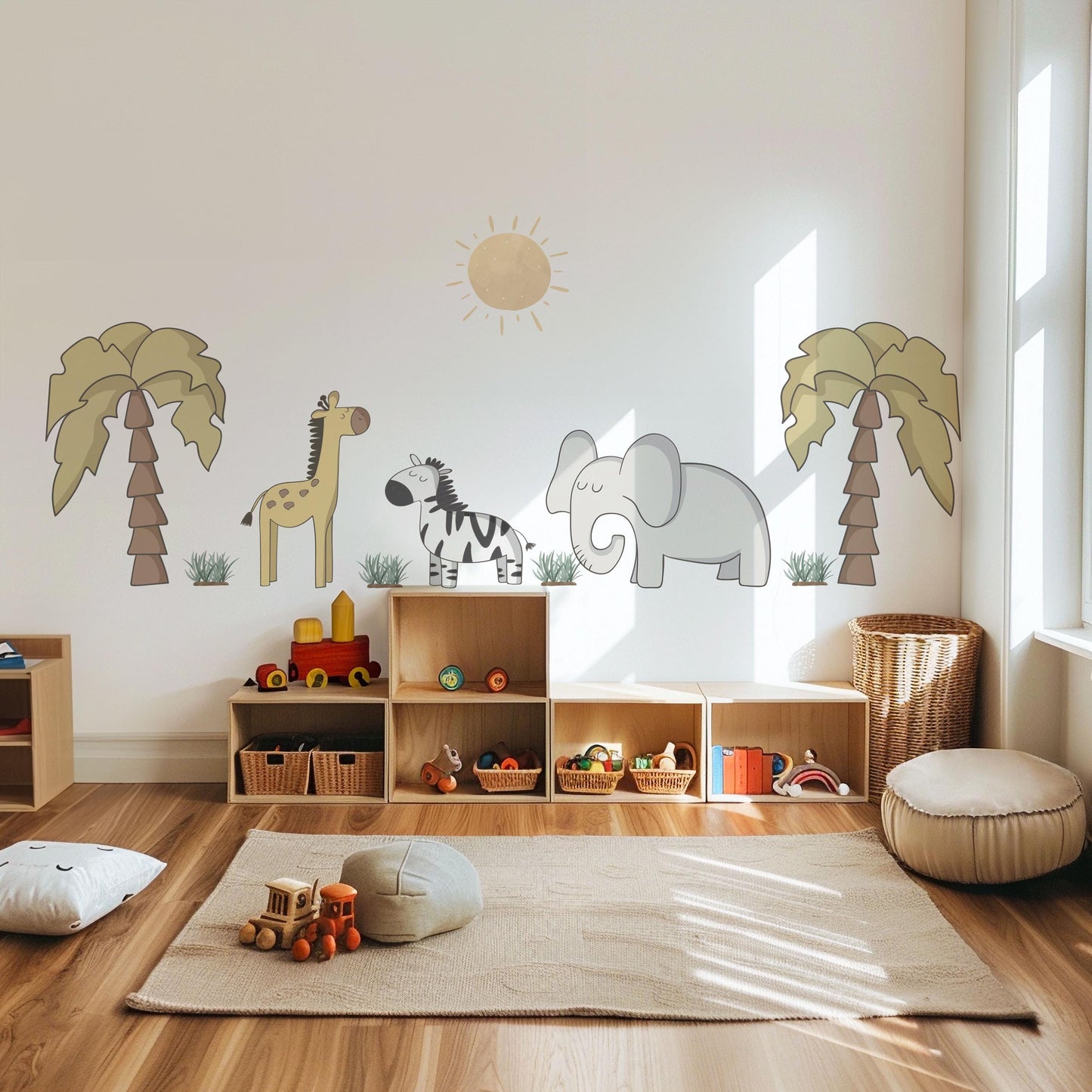 Safari Nursery Wall Stickers Elephant Giraffe Zebra Wall Decals Neutral Jungle Nursery Decor Safari Animal Wall Art, Baby Room Wall Stickers