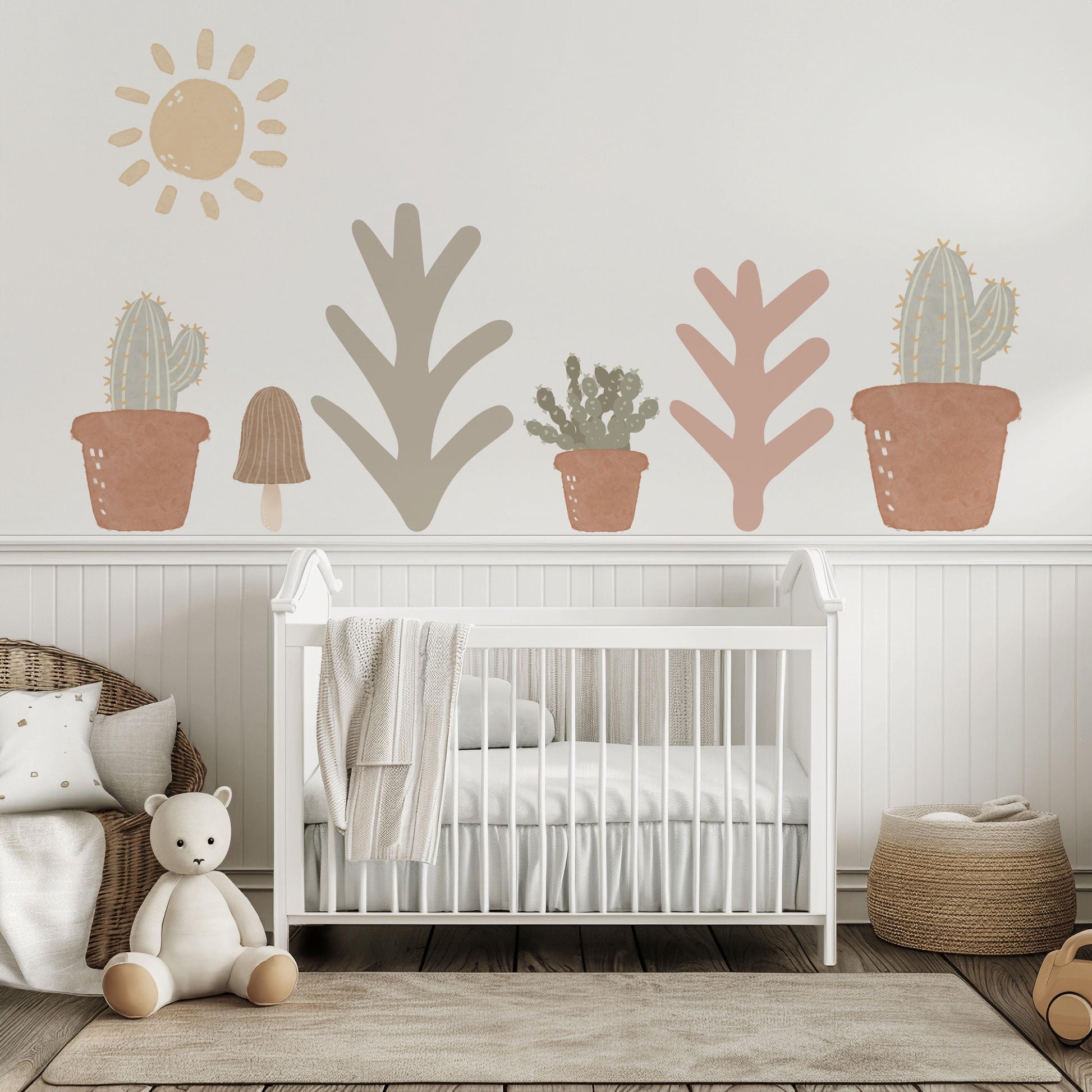 Boho Cactus Wall Stickers Nursery Decor | Neutral Desert Wall Decals | Sage Pink Terracotta Nursery | Peel and Stick Kids Bedroom Decor
