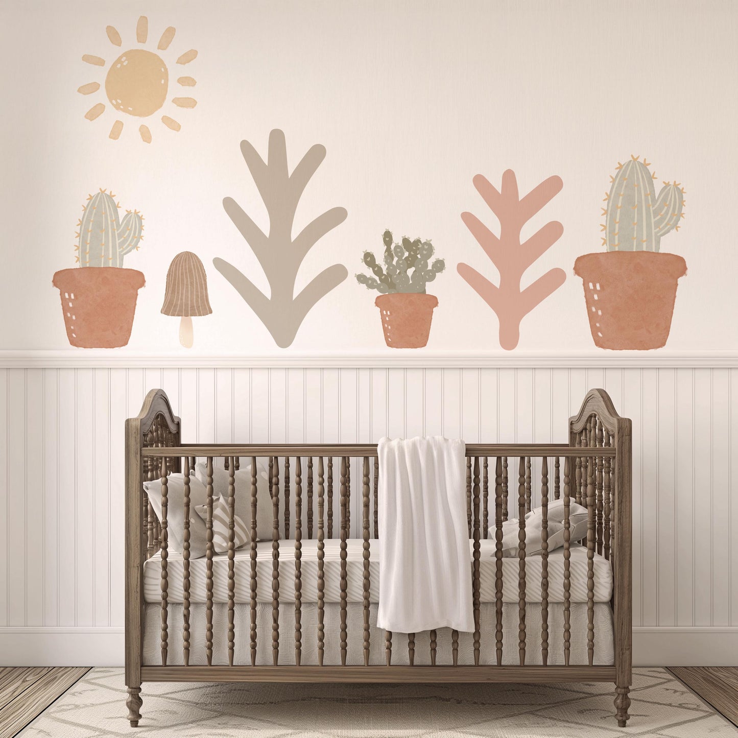Boho Cactus Wall Stickers Nursery Decor | Neutral Desert Wall Decals | Sage Pink Terracotta Nursery | Peel and Stick Kids Bedroom Decor