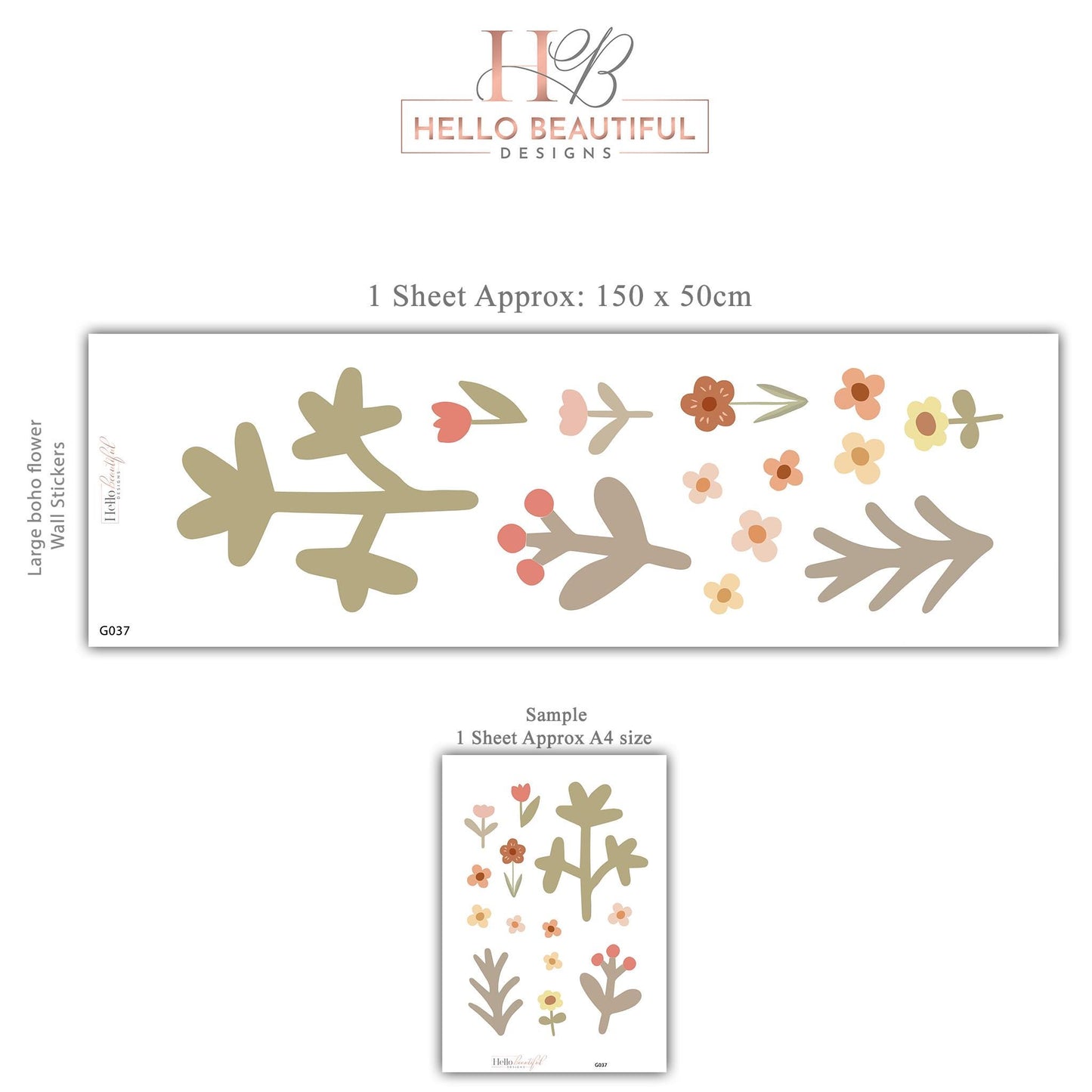 Boho Flower Wall Stickers Nursery Decor | Neutral Floral Wall Decals | Wildflower Kids Bedroom Stickers | Peel and Stick Wall Art