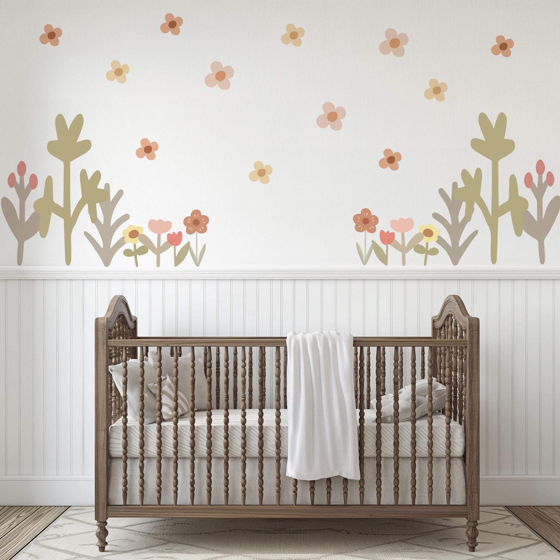 Boho Flower Wall Stickers Nursery Decor | Neutral Floral Wall Decals | Wildflower Kids Bedroom Stickers | Peel and Stick Wall Art