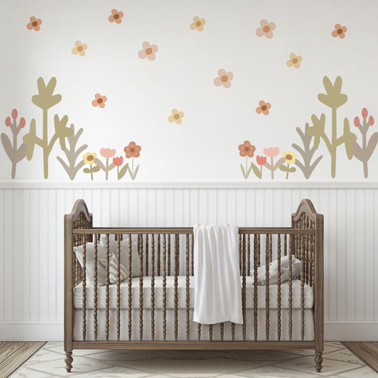Boho Flower Wall Stickers Nursery Decor | Neutral Floral Wall Decals | Wildflower Kids Bedroom Stickers | Peel and Stick Wall Art