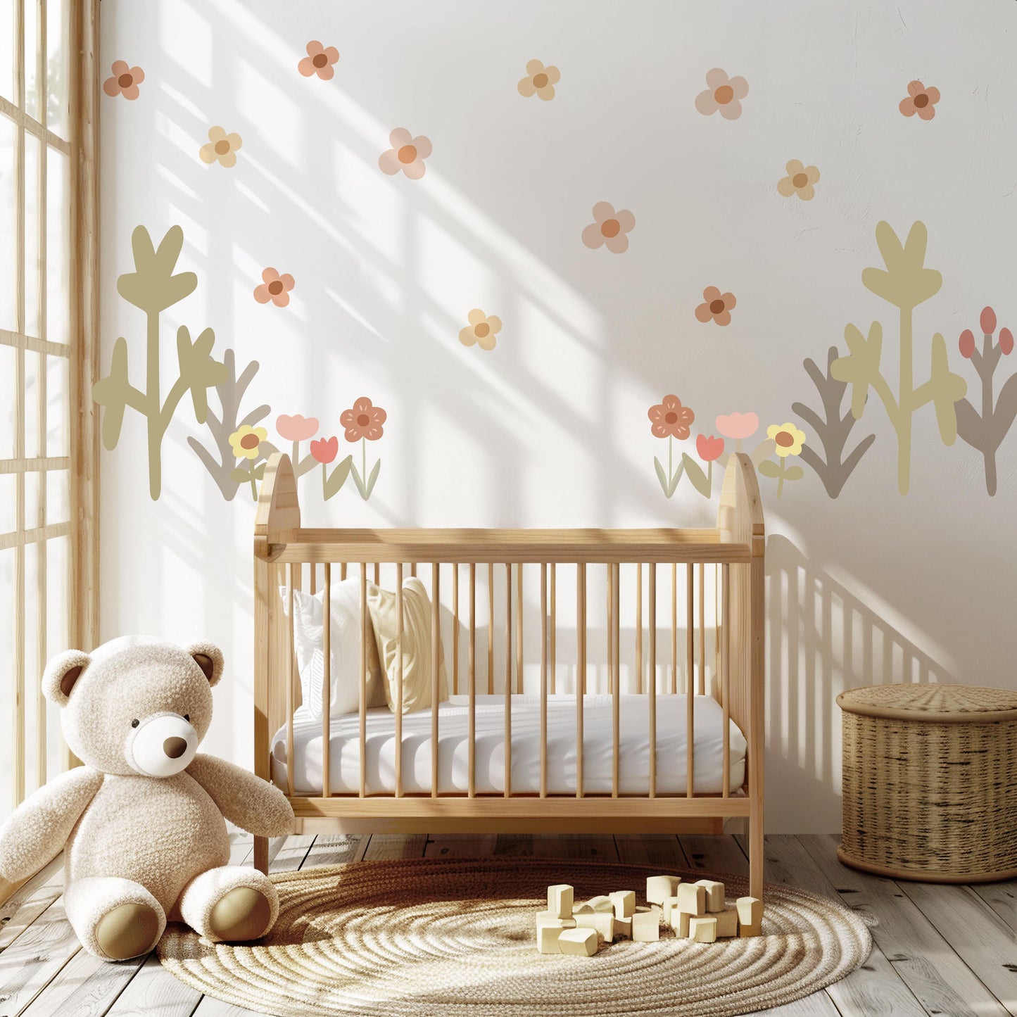 Boho Flower Wall Stickers Nursery Decor | Neutral Floral Wall Decals | Wildflower Kids Bedroom Stickers | Peel and Stick Wall Art