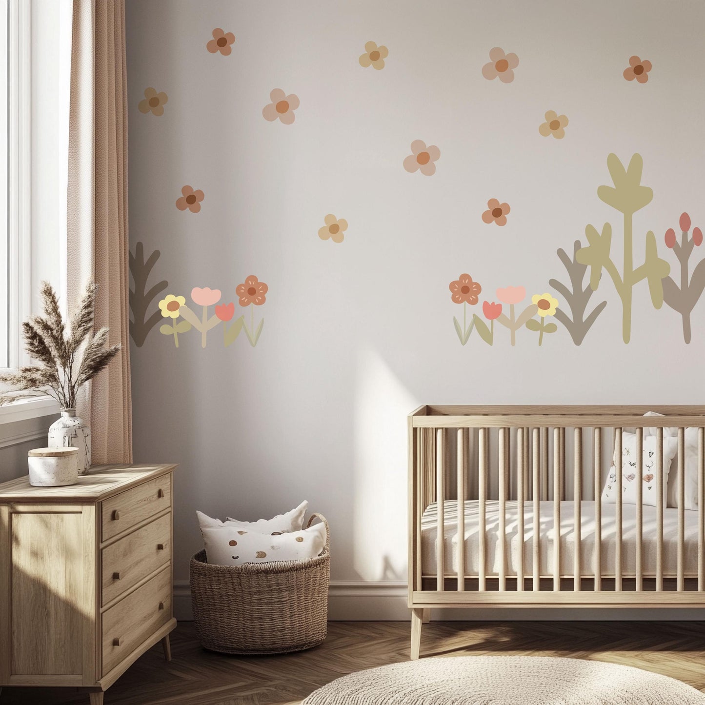 Boho Flower Wall Stickers Nursery Decor | Neutral Floral Wall Decals | Wildflower Kids Bedroom Stickers | Peel and Stick Wall Art