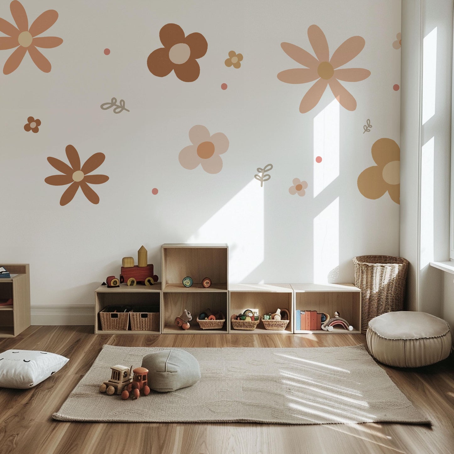 Boho Flower Wall Stickers Nursery Decor | Neutral Floral Wall Decals | Retro Daisy Nursery Stickers | Peel and Stick Kids Room Decor