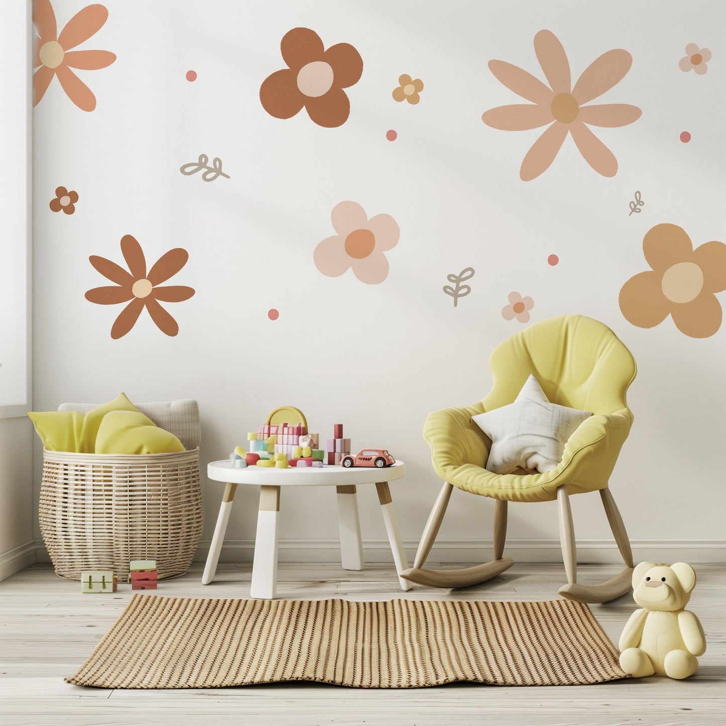 Boho Flower Wall Stickers Nursery Decor | Neutral Floral Wall Decals | Retro Daisy Nursery Stickers | Peel and Stick Kids Room Decor