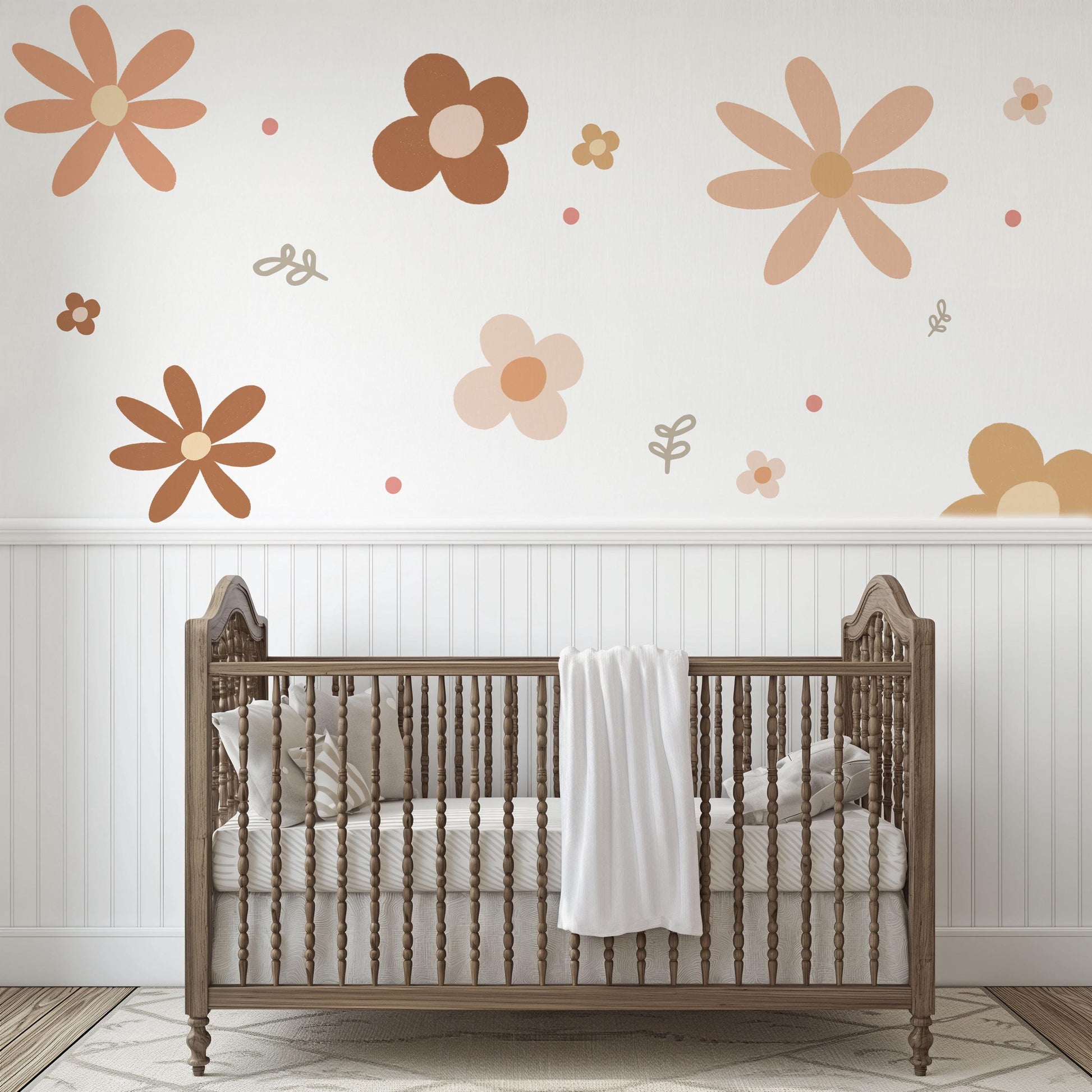 Boho Flower Wall Stickers Nursery Decor | Neutral Floral Wall Decals | Retro Daisy Nursery Stickers | Peel and Stick Kids Room Decor
