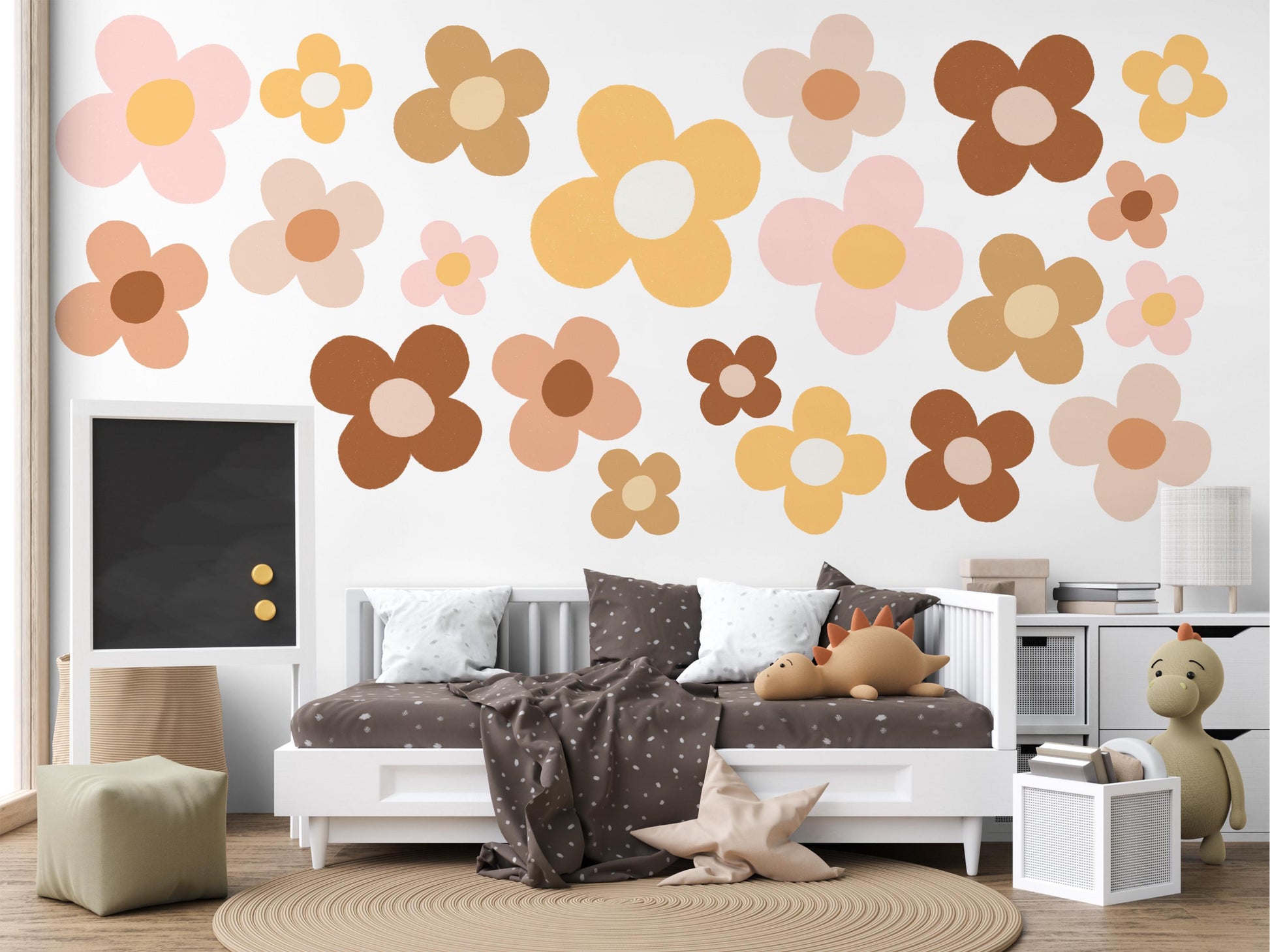 Boho Flower Wall Stickers Daisy Nursery Decor Neutral Floral Wall Decals Retro Flower Nursery Wall Art Girls Bedroom Decor Playroom Stickers