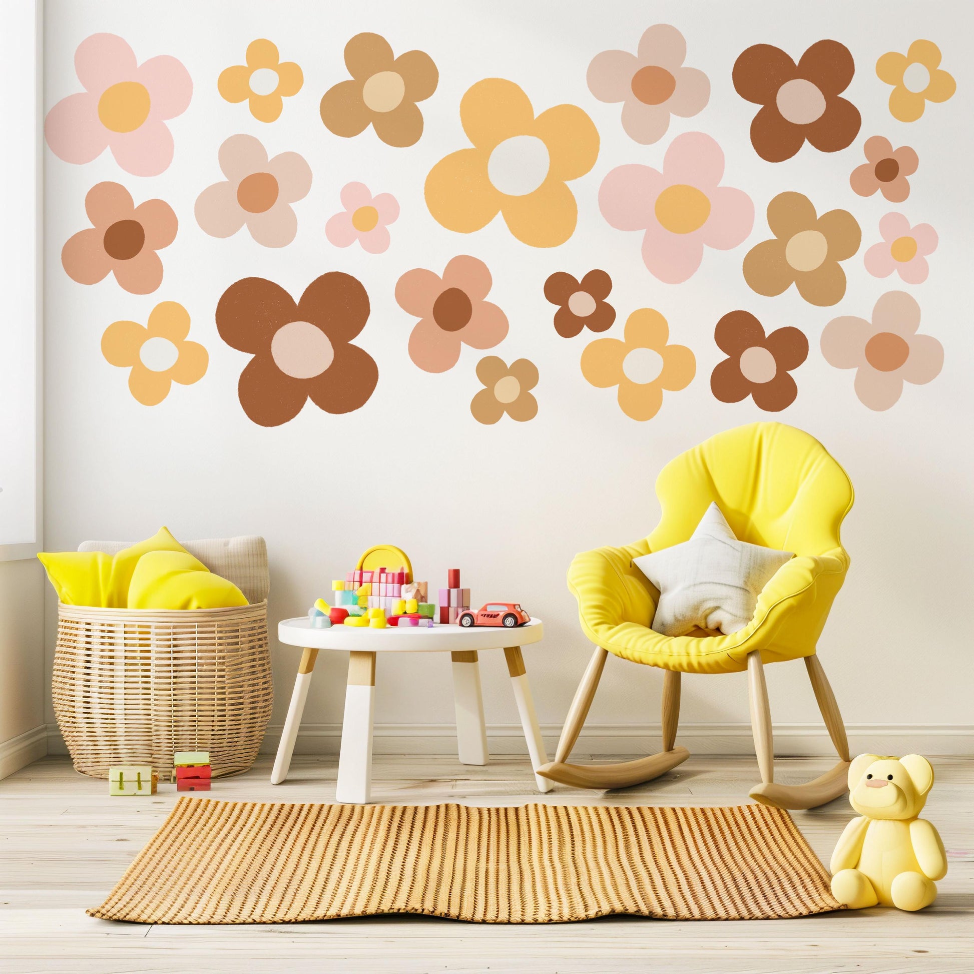 Boho Flower Wall Stickers Daisy Nursery Decor Neutral Floral Wall Decals Retro Flower Nursery Wall Art Girls Bedroom Decor Playroom Stickers