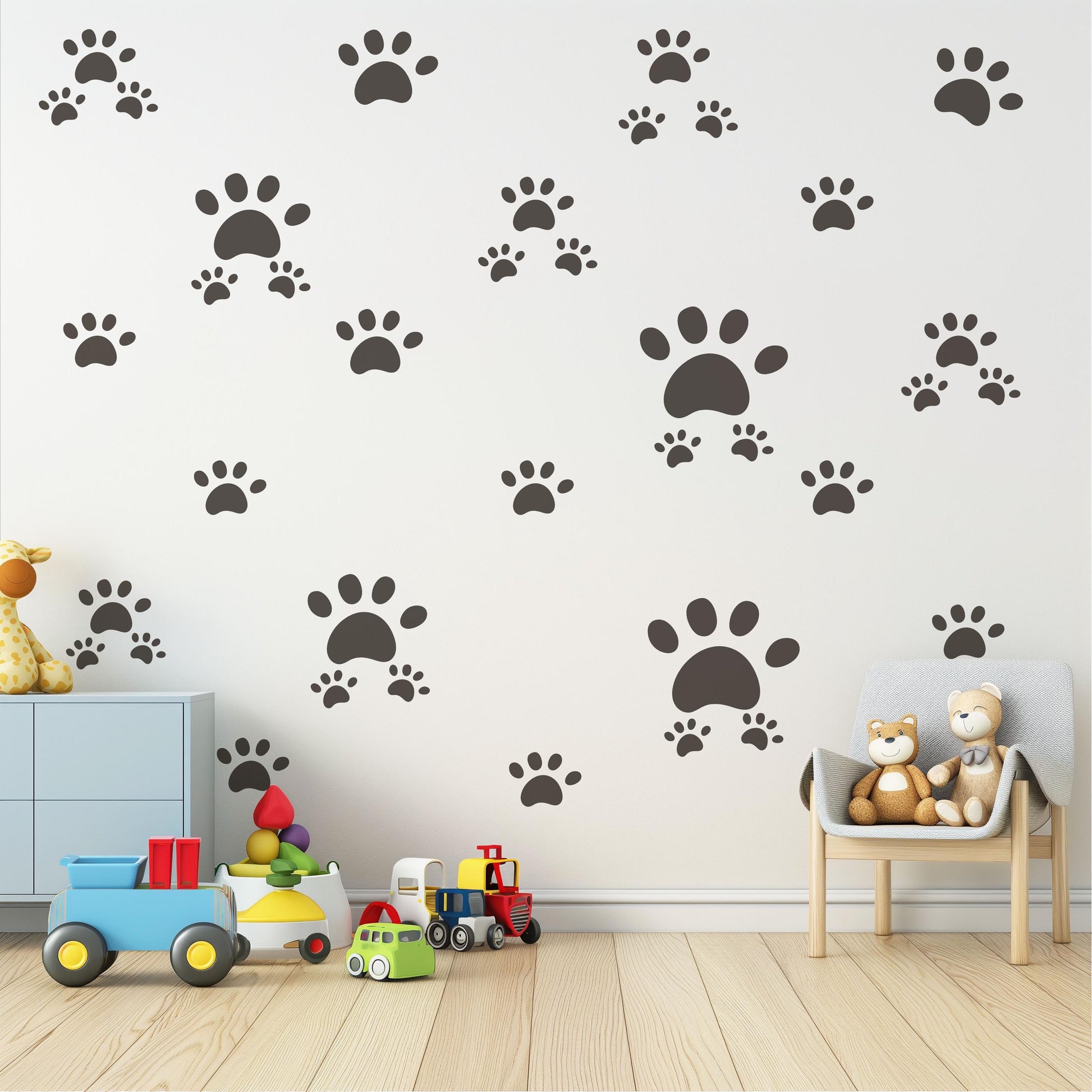 Dog Paw Print Wall Stickers for Nursery, Puppy Bedroom Decor, Pet Paw Decals, Neutral Kids Room Wall Art, Animal Footprint Playroom Stickers