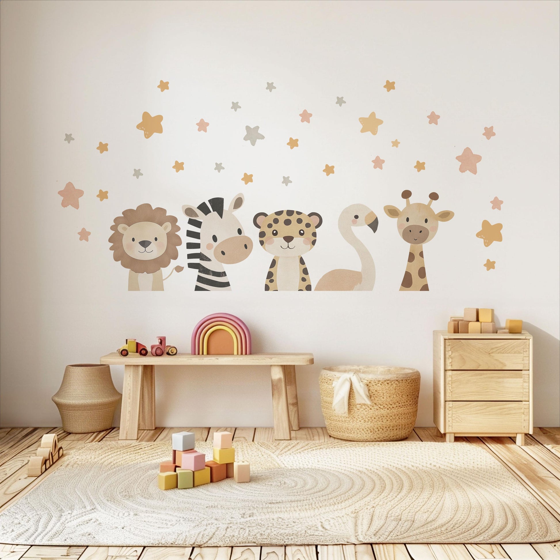 Safari Animal Wall Stickers Neutral Nursery Decor Lion Zebra Giraffe Flamingo Wall Decals Jungle Nursery Baby Room Decor