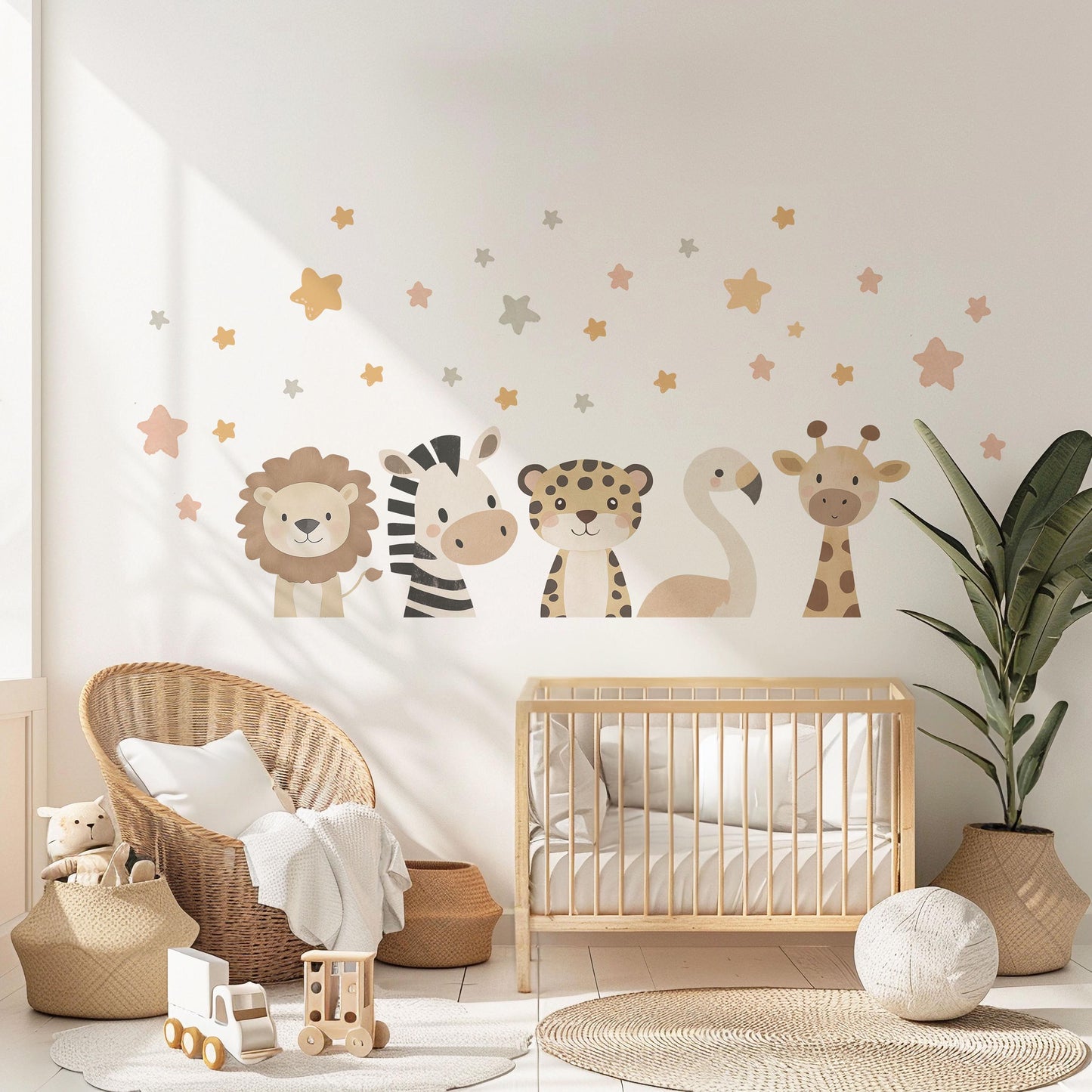 Safari Animal Wall Stickers Neutral Nursery Decor Lion Zebra Giraffe Flamingo Wall Decals Jungle Nursery Baby Room Decor