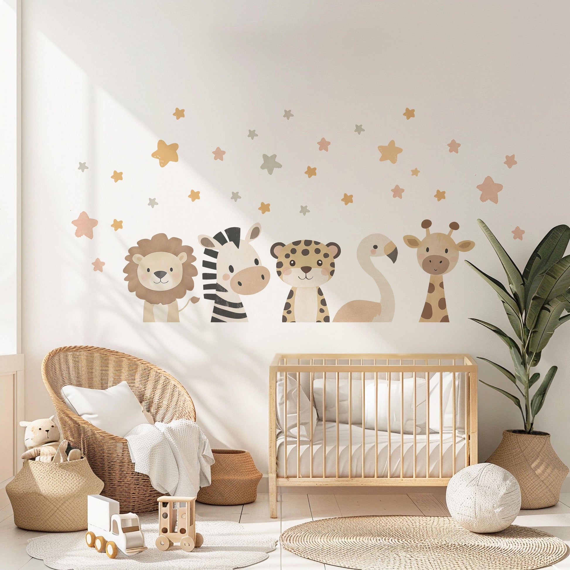 Safari Animal Wall Stickers Neutral Nursery Decor Lion Zebra Giraffe Flamingo Wall Decals Jungle Nursery Baby Room Decor