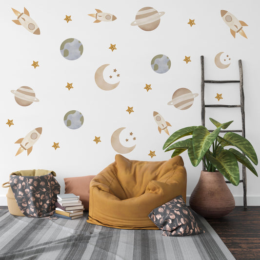 Space Wall Stickers Rocket Nursery Decor Planet Wall Decals Moon And Stars Bedroom Decor Solar System Kids Room Stickers