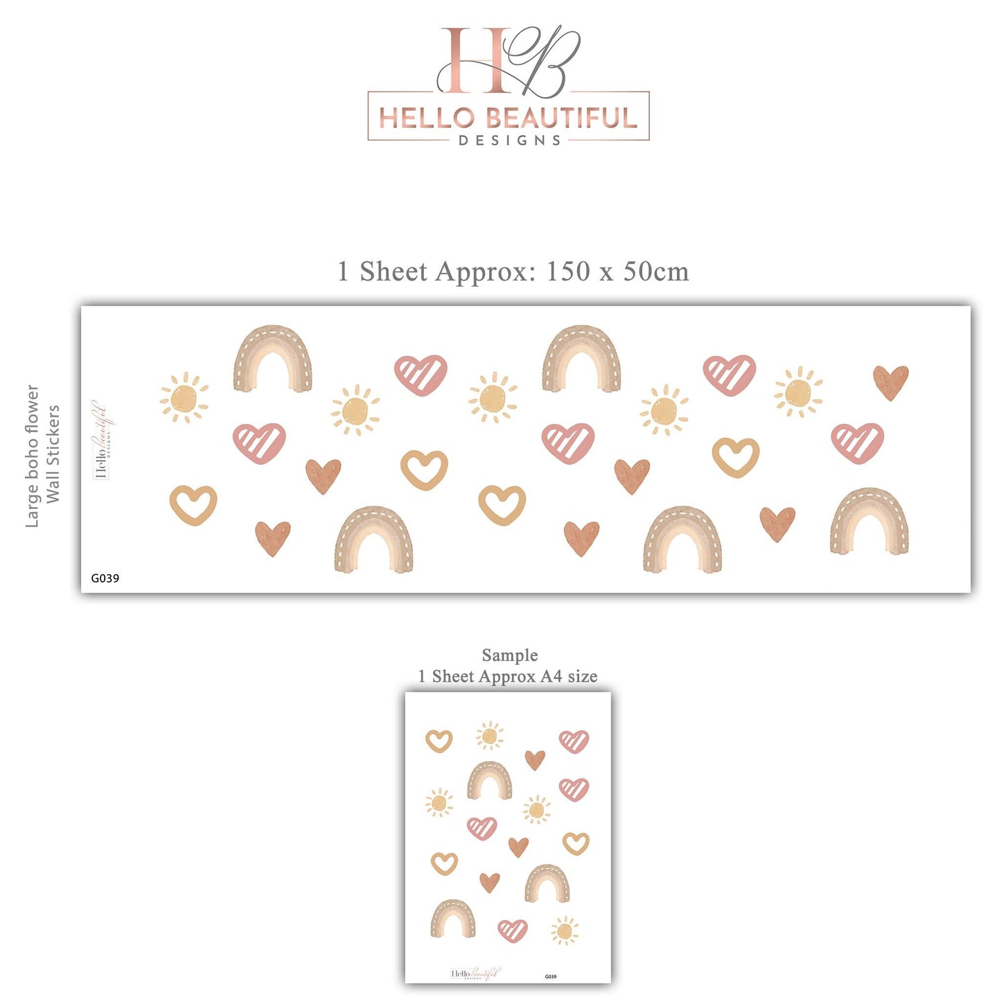 Boho Rainbow Heart Wall Decals for Nursery, Neutral Baby Room Stickers, Pink Beige Nursery Decor, Peel and Stick Kids Wall Art