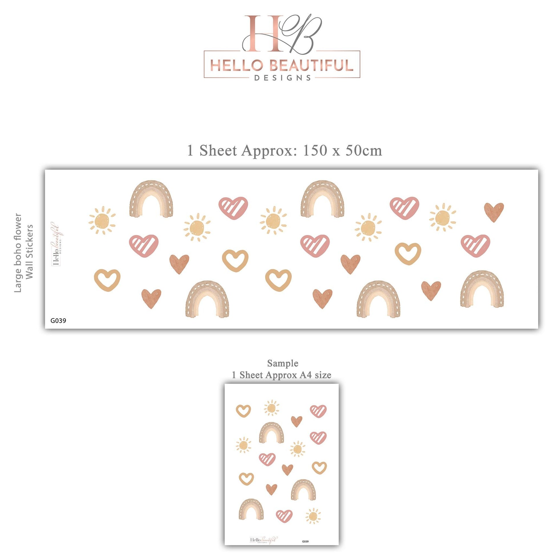 Boho Rainbow Heart Wall Decals for Nursery, Neutral Baby Room Stickers, Pink Beige Nursery Decor, Peel and Stick Kids Wall Art