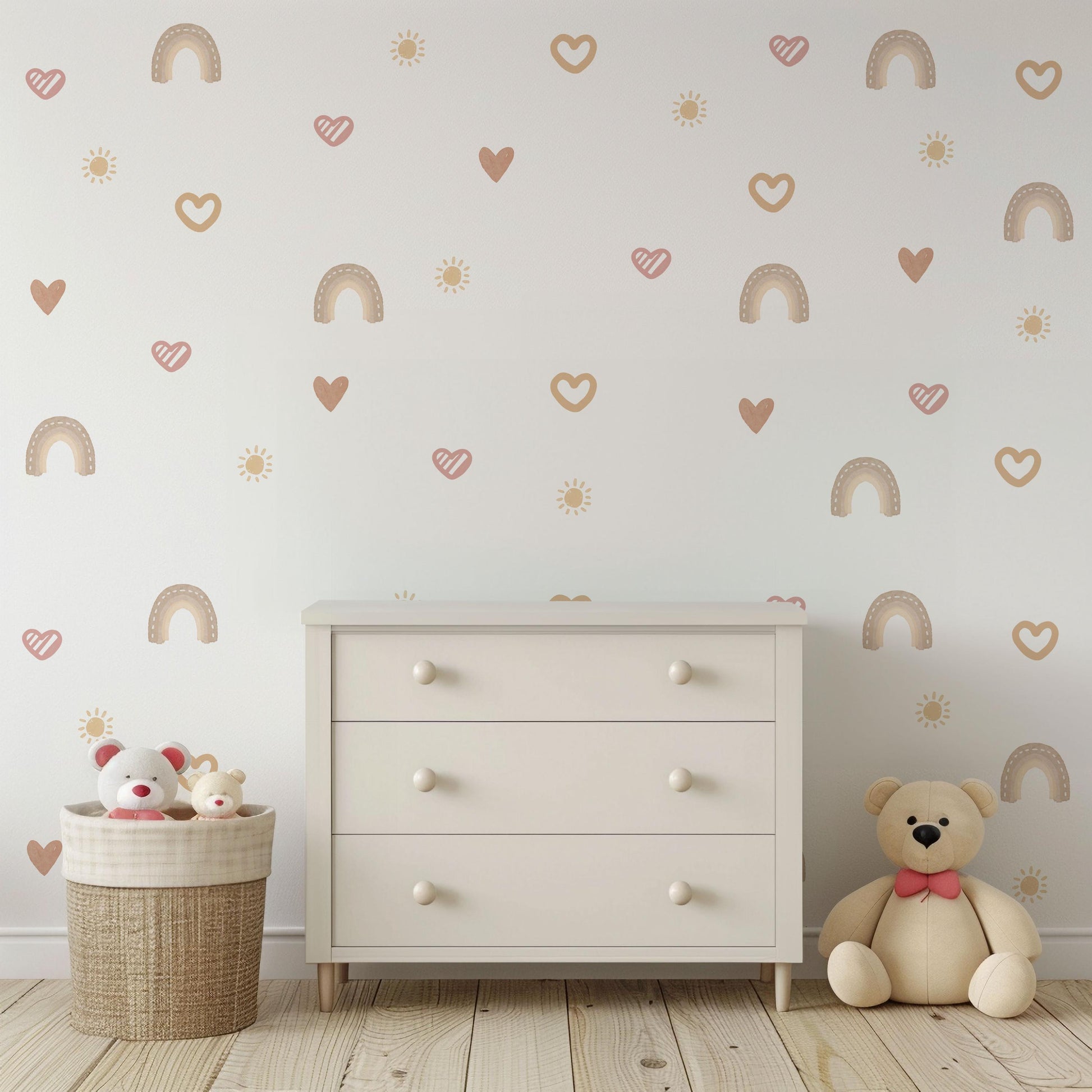 Boho Rainbow Heart Wall Decals for Nursery, Neutral Baby Room Stickers, Pink Beige Nursery Decor, Peel and Stick Kids Wall Art
