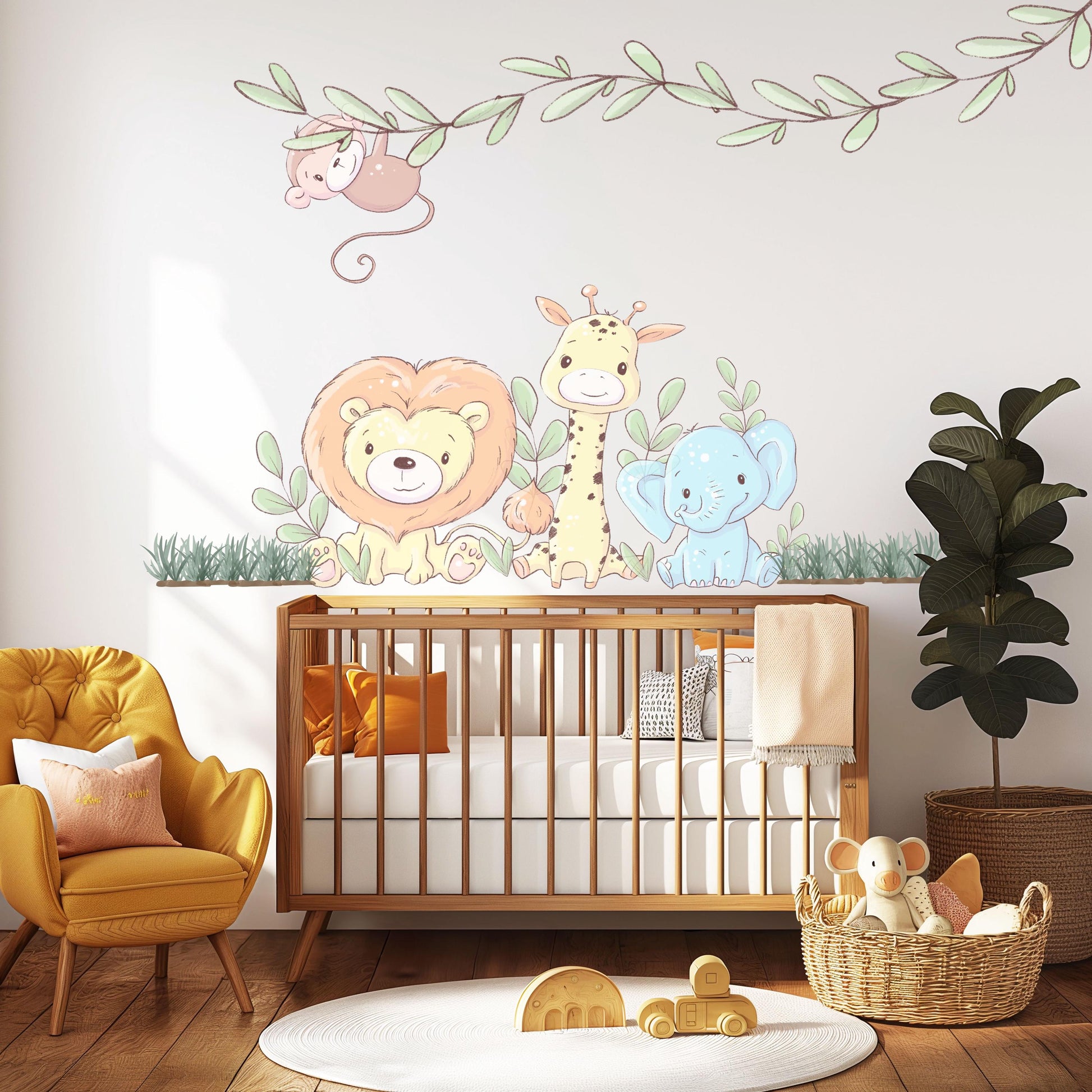 Safari Nursery Wall Stickers Jungle Animal Wall Decals Lion Giraffe Elephant Monkey Nursery Decor Neutral Baby Room Wall Art
