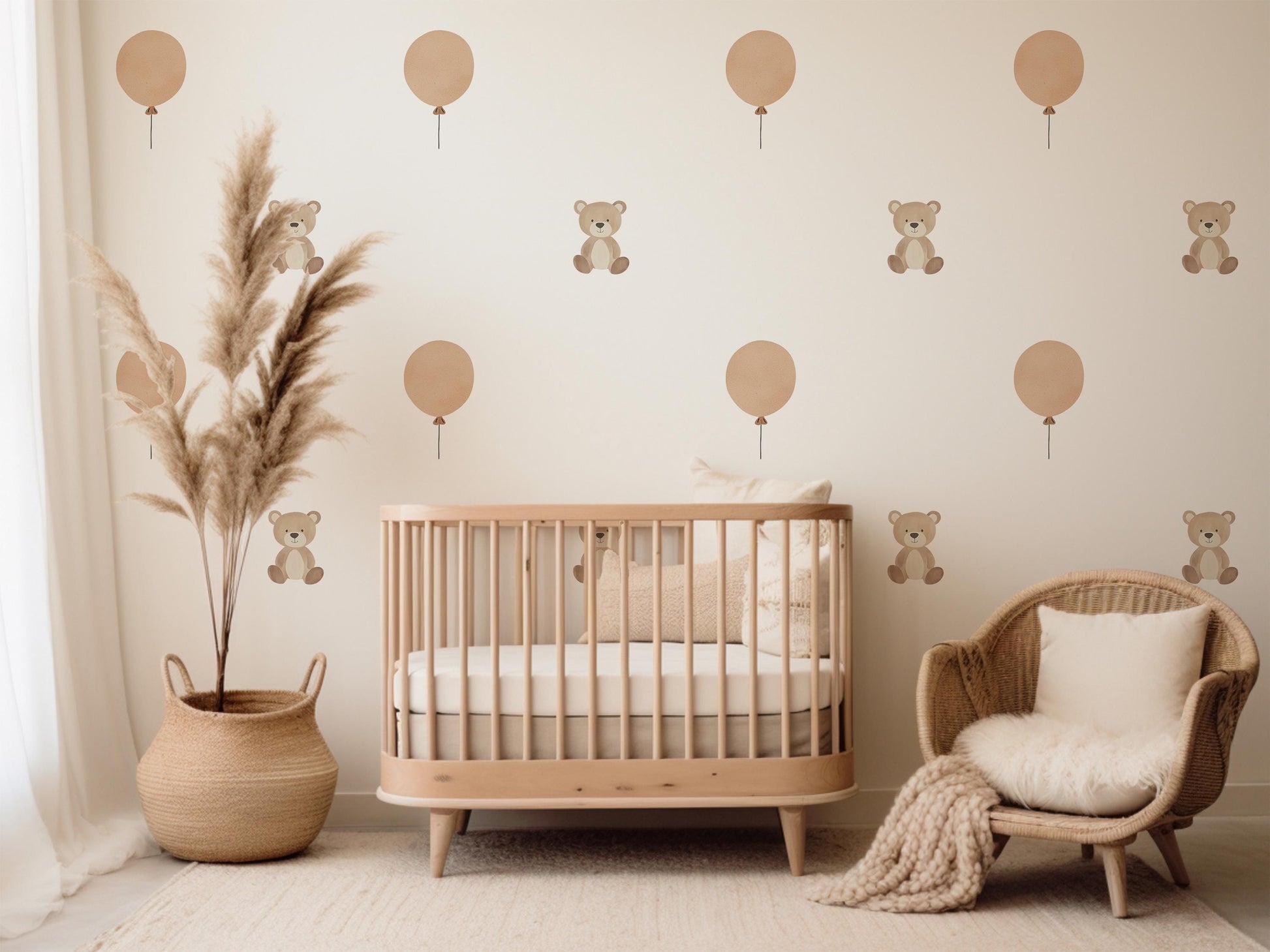 Teddy Bear Wall Stickers Neutral Nursery Decor Balloon Wall Decals Baby Room Decor Bear Nursery Stickers Kids Bedroom Wall Art