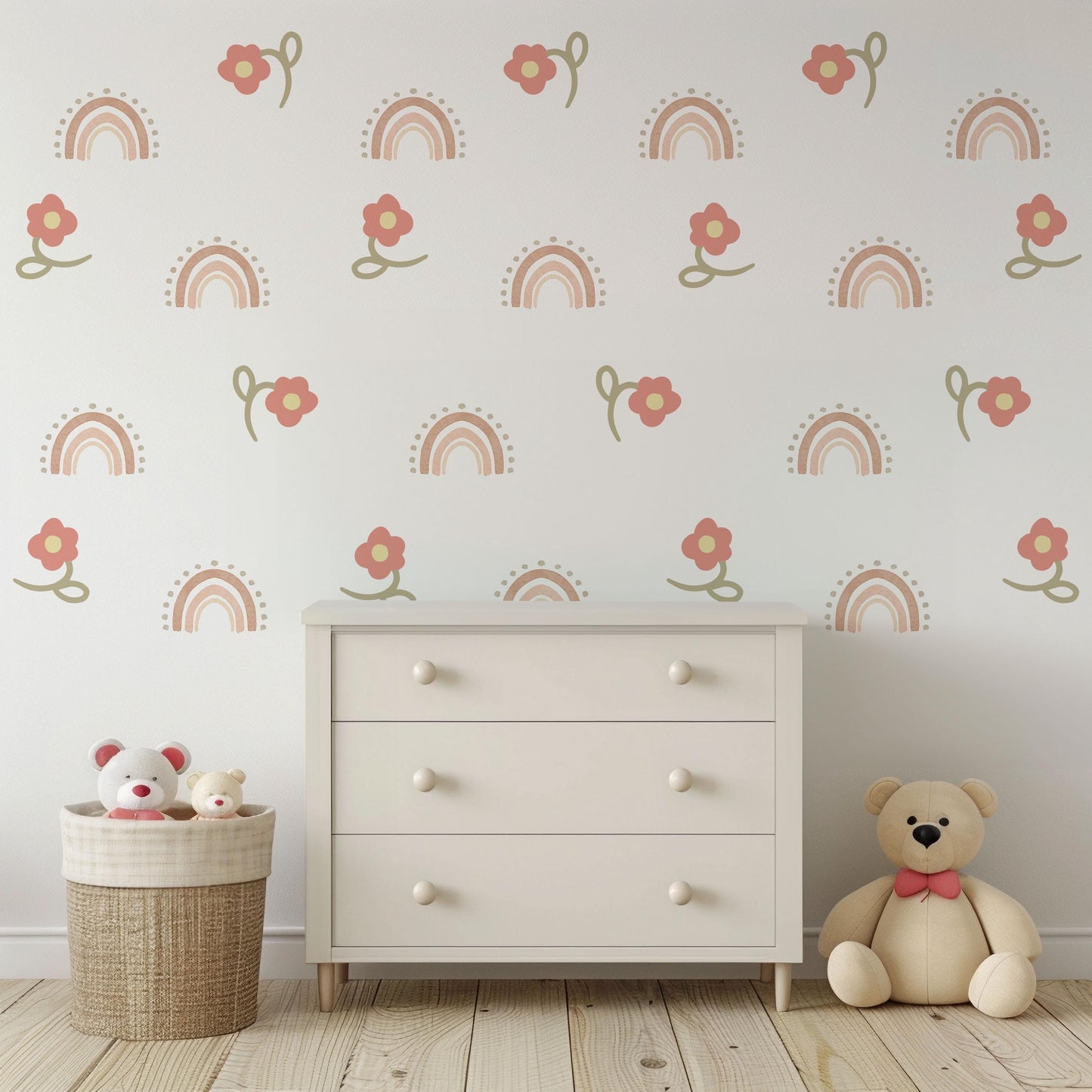 Boho Rainbow Flower Wall Decals, Neutral Nursery Wall Stickers, Pink Floral Nursery Decor, Baby Girl Room Decor, Peel And Stick Wall Art