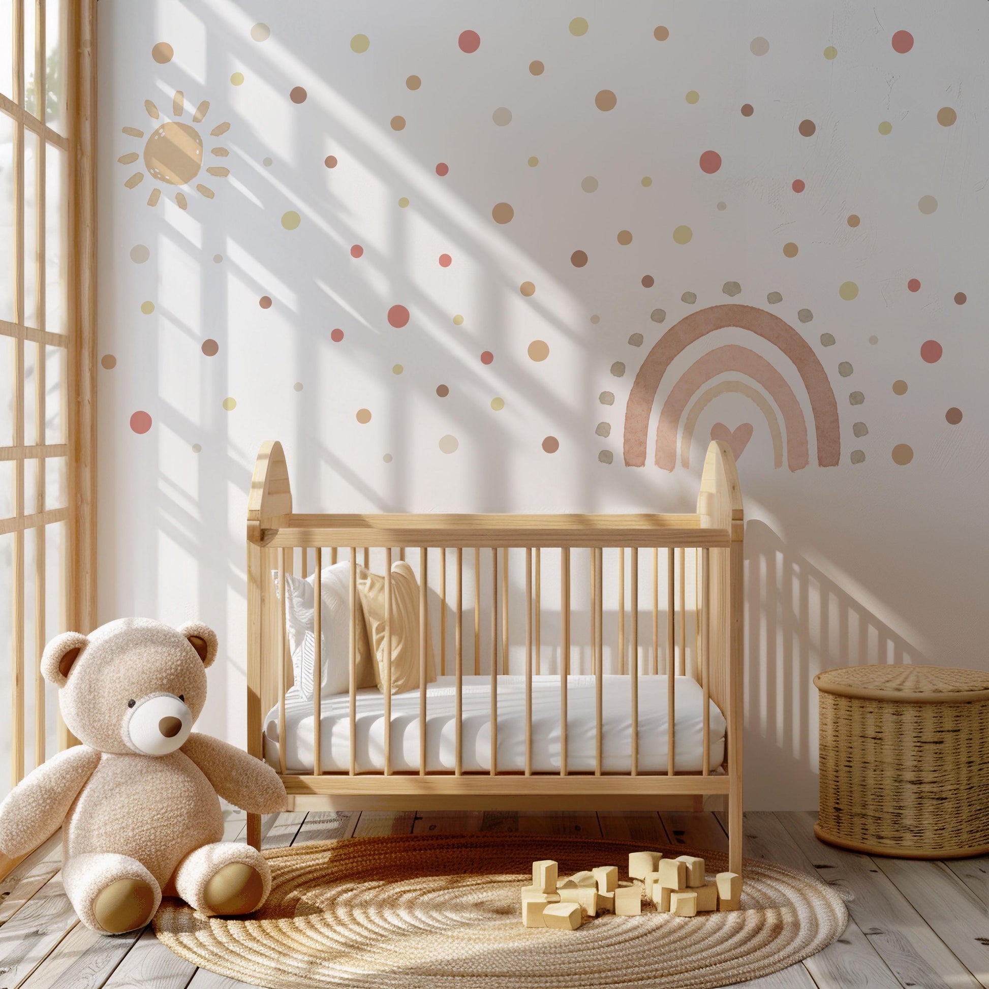 Boho Rainbow Wall Stickers Nursery Decor | Hand-Painted Sun, Dots (Peel and Stick)