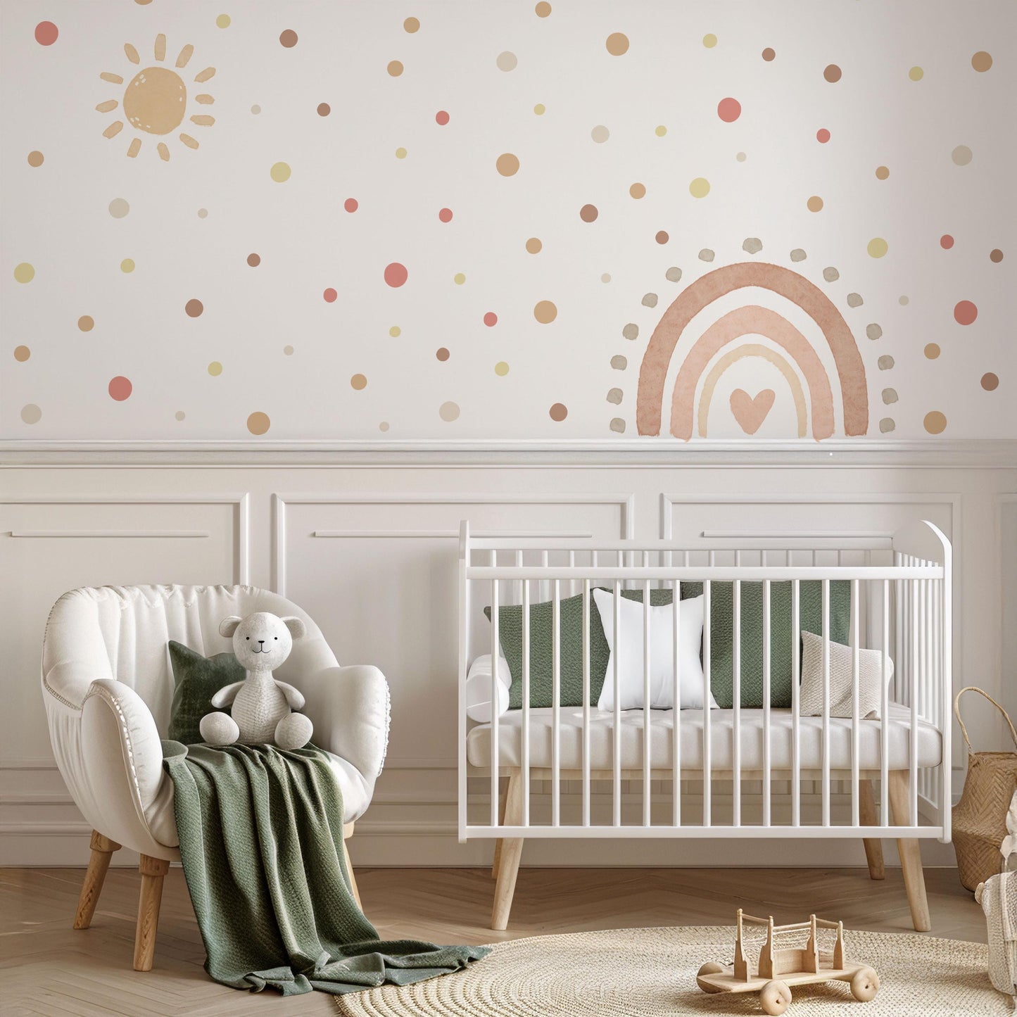 Boho Rainbow Wall Stickers Nursery Decor | Hand-Painted Sun, Dots (Peel and Stick)