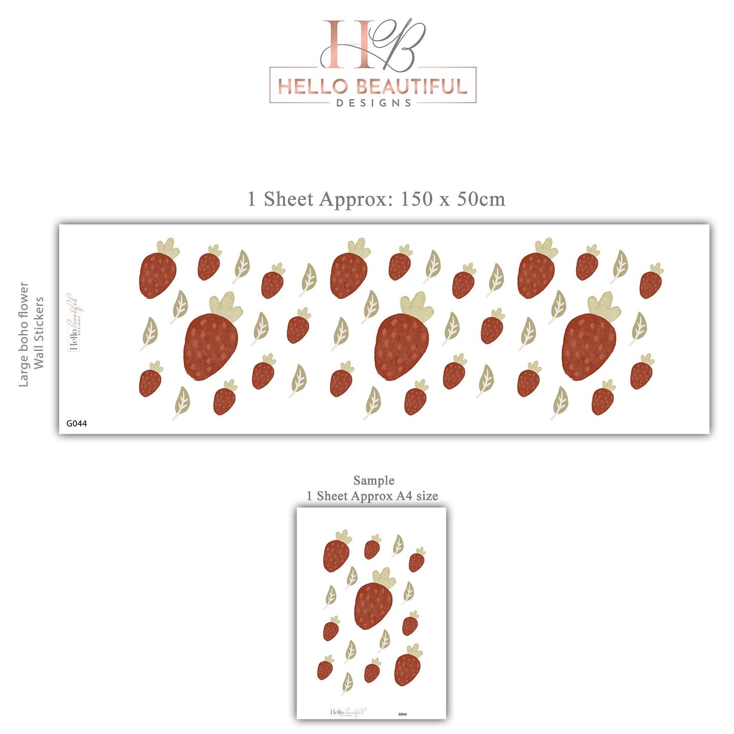 Hand-Painted Watercolour Strawberry Wall Stickers, Boho Nursery Decor (Peel and Stick)
