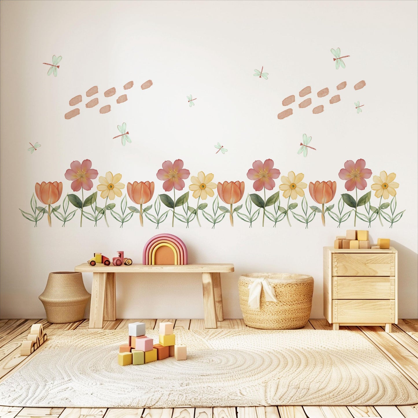 Flower Border Wall Stickers Floral Nursery Decor Flower Wall Decals Wildflower Nursery Peel And Stick Bedroom Wall Art