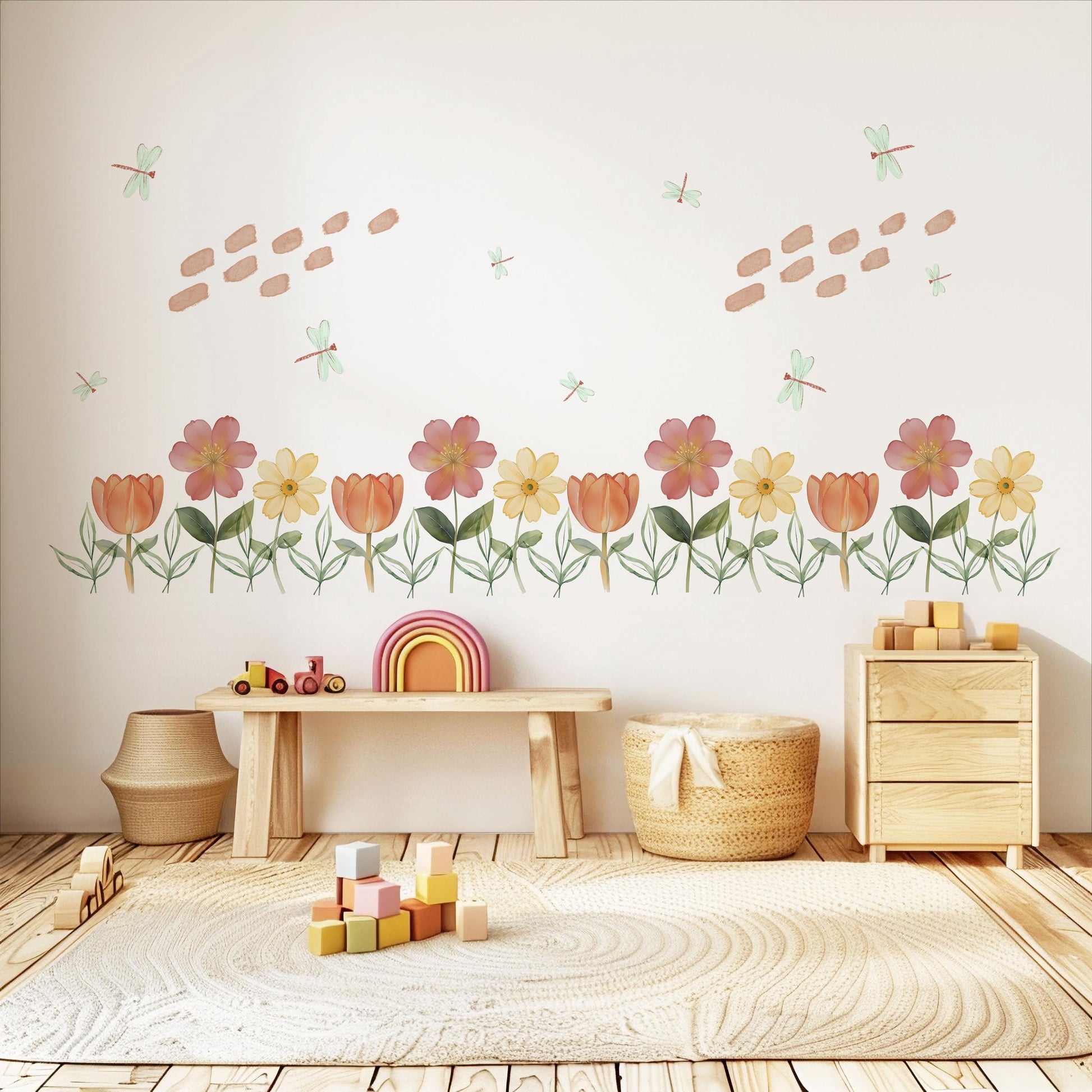 Flower Border Wall Stickers Floral Nursery Decor Flower Wall Decals Wildflower Nursery Peel And Stick Bedroom Wall Art