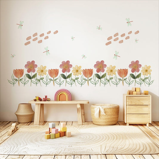 Flower Border Wall Stickers Floral Nursery Decor Flower Wall Decals Wildflower Nursery Peel And Stick Bedroom Wall Art