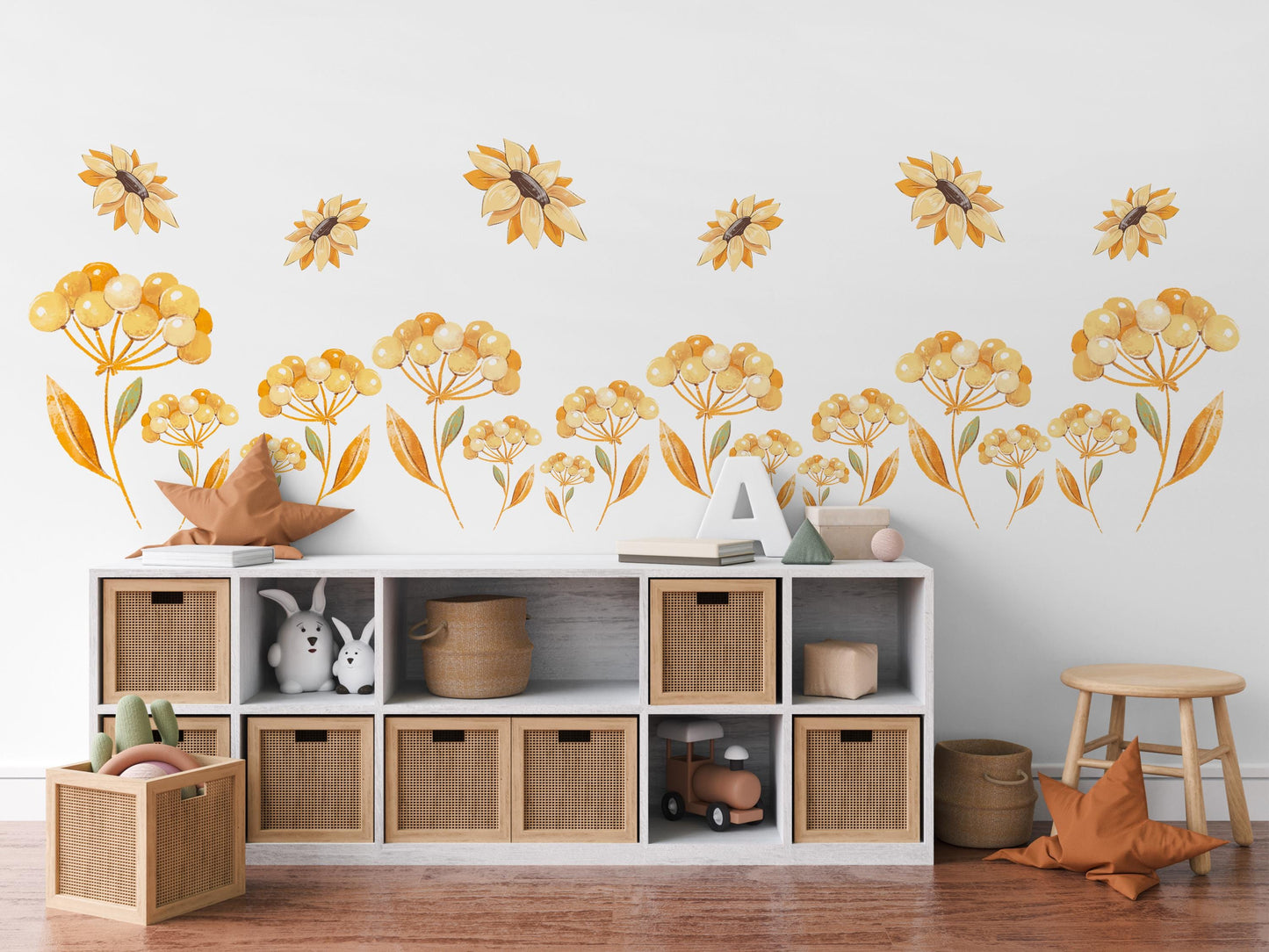Sunflower Wall Stickers Floral Nursery Decor Yellow Flower Wall Decals Wildflower Bedroom Decor Peel And Stick Wall Art