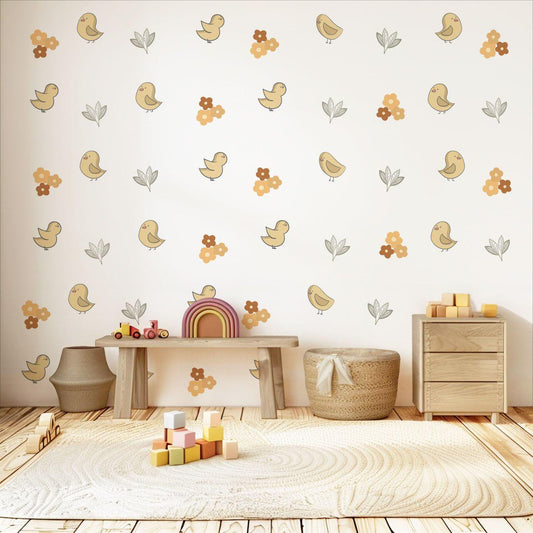 Bird Nursery Wall Decals Boho Bird Wall Stickers Neutral Nursery Decor, Floral Wall Decals, Woodland Nursery Wall Art, Peel and Stick Decals
