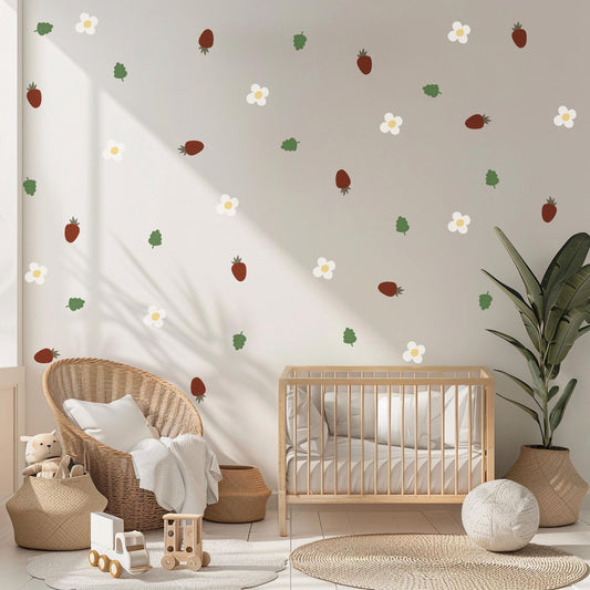 Strawberry Wall Decals for Nursery, Strawberry Nursery Decor, Fruit Wall Stickers, Cottage core Nursery, Baby Girl Room Decor