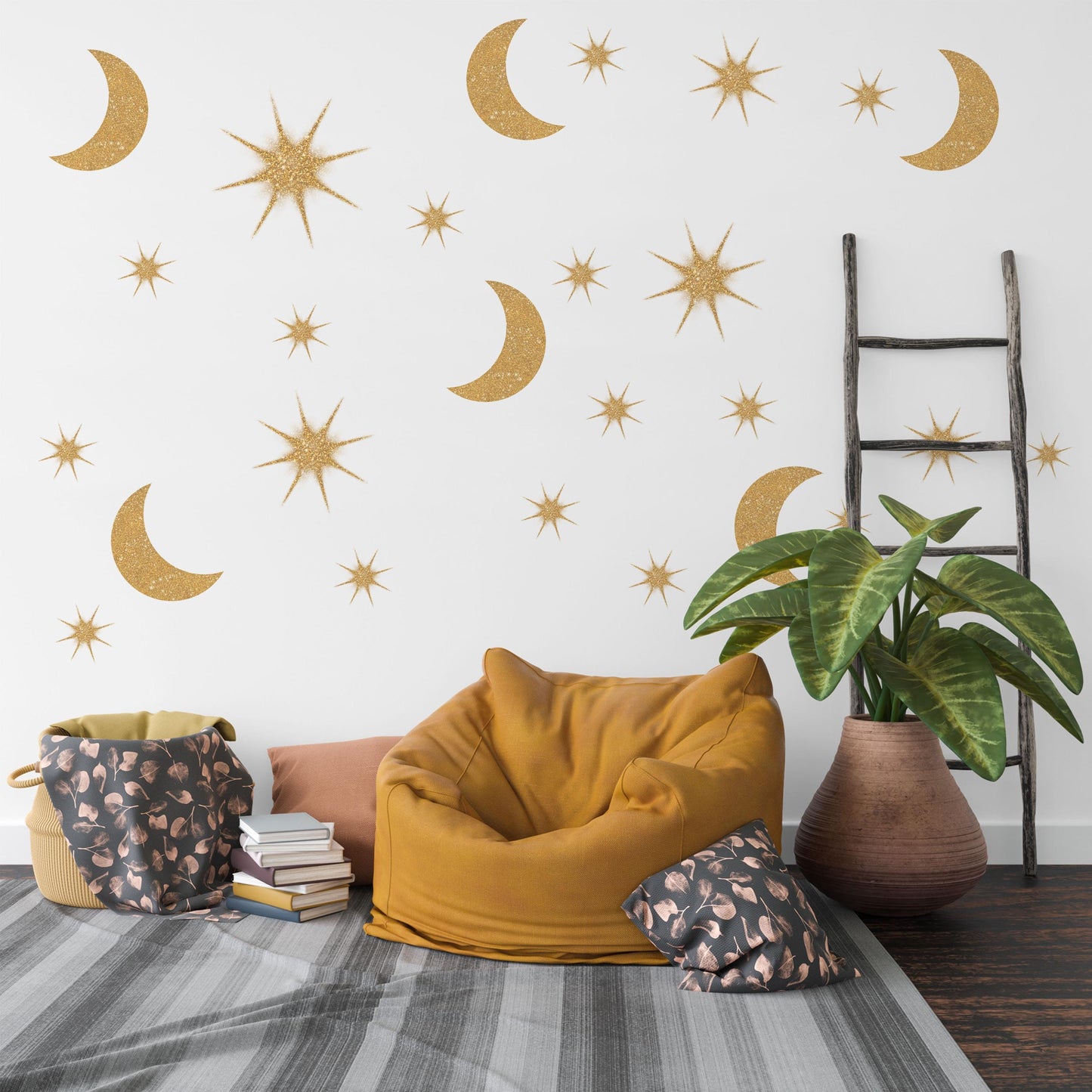 Gold Moon And Stars Wall Stickers Celestial Nursery Decor Moon Wall Decals Star Nursery Stickers Kids Bedroom Decor