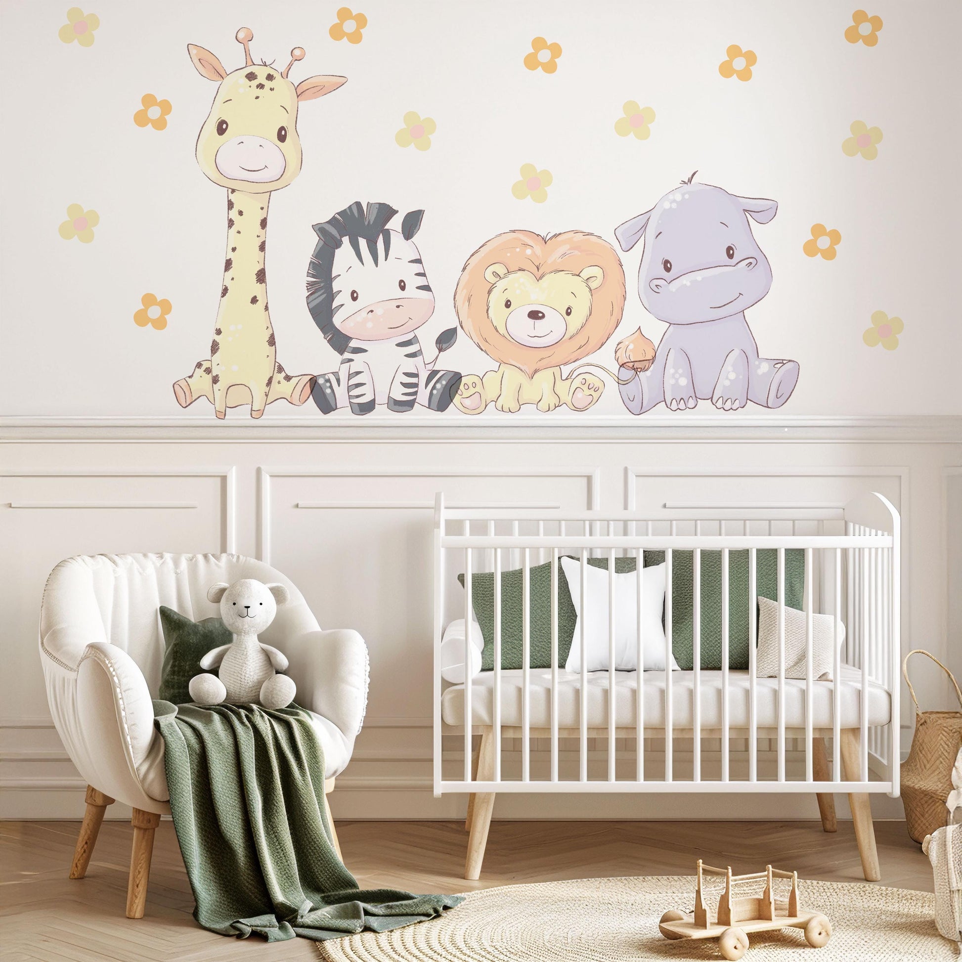 Safari Animal Wall Stickers Nursery Decor, Giraffe Zebra Lion Hippo Wall Decals, Jungle Nursery Wall Art, Peel And Stick Kids Room Decor