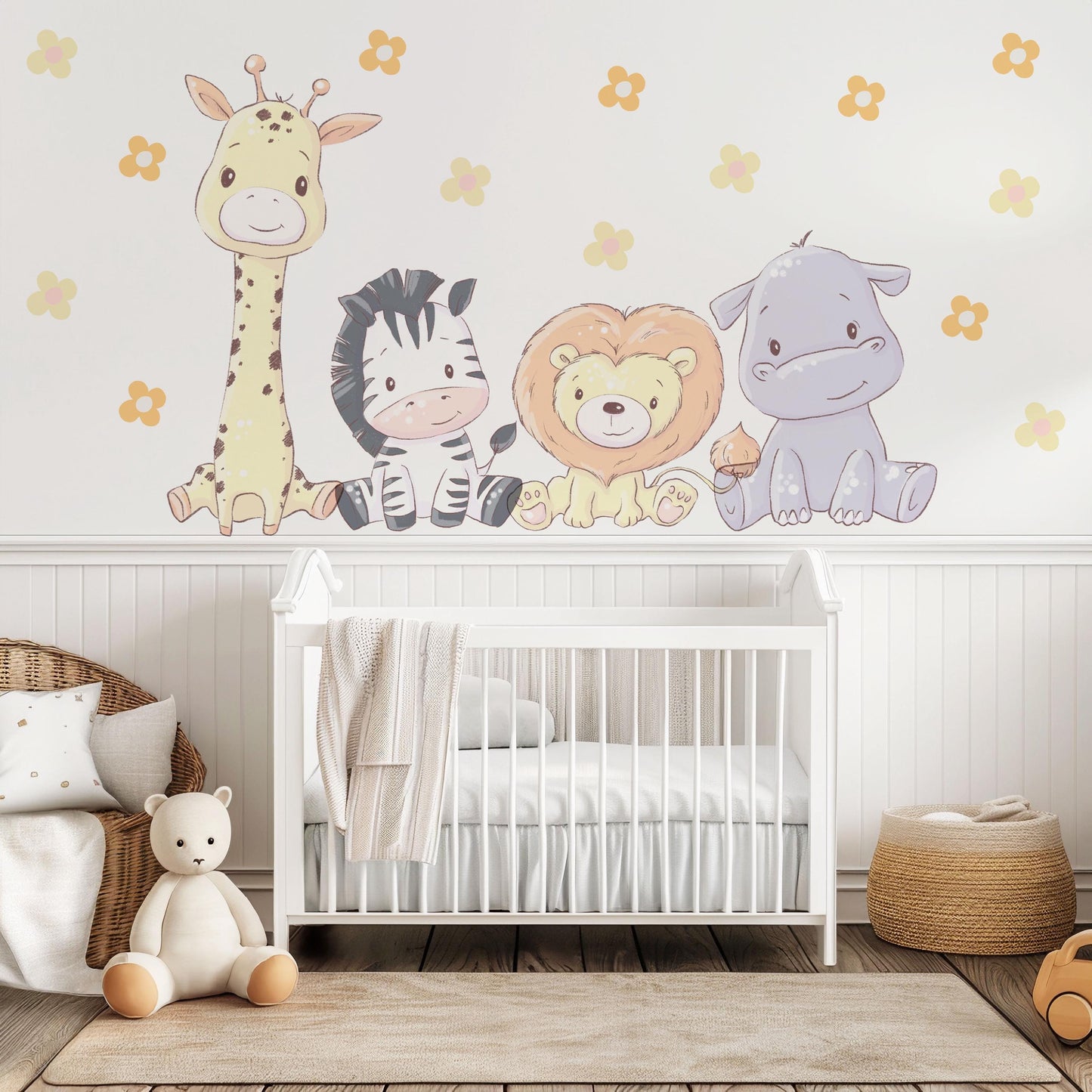 Safari Animal Wall Stickers Nursery Decor, Giraffe Zebra Lion Hippo Wall Decals, Jungle Nursery Wall Art, Peel And Stick Kids Room Decor