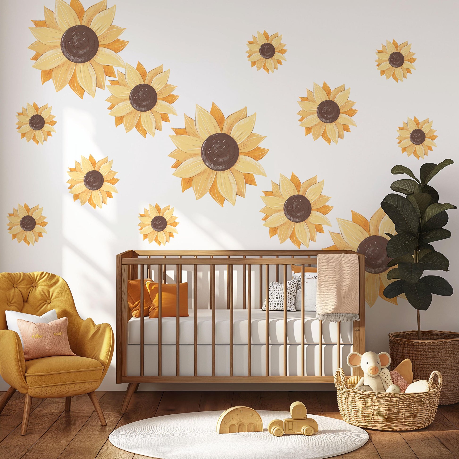 Sunflower Wall Stickers, Sunflower Nursery Decor, Boho Floral Wall Decals, Yellow Flower Wall Art, Peel And Stick Nursery Stickers