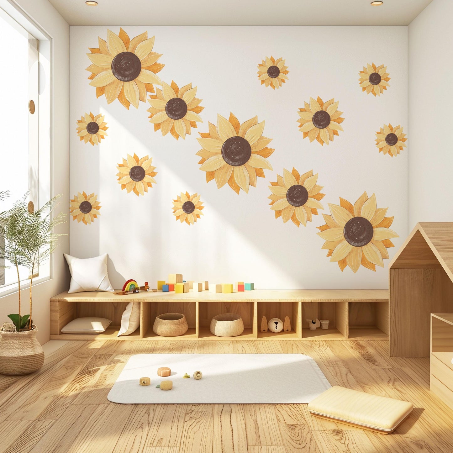Sunflower Wall Stickers, Sunflower Nursery Decor, Boho Floral Wall Decals, Yellow Flower Wall Art, Peel And Stick Nursery Stickers